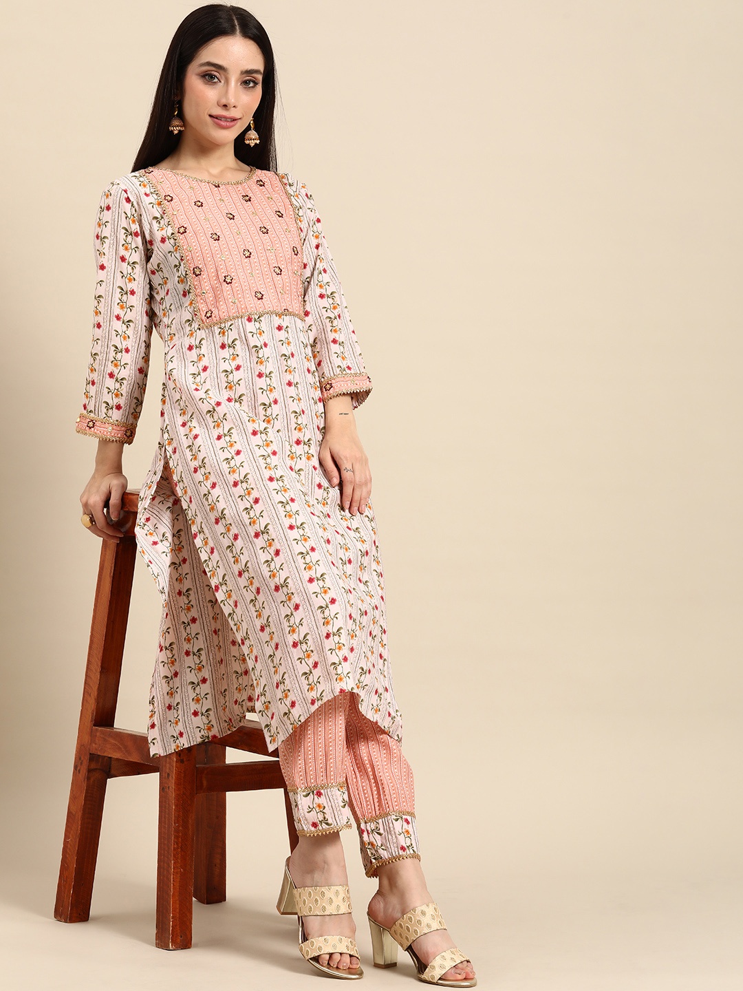 

all about you Women Ethnic Motifs Embroidered Gotta Patti Kurta With Trousers, Pink