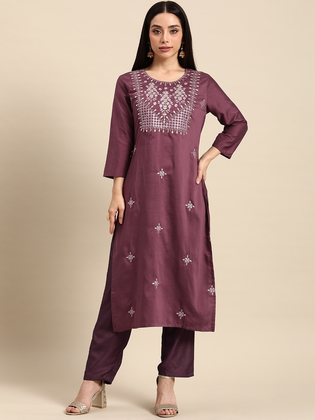 

all about you Women Ethnic Motifs Embroidered Kurta With Trousers, Mauve