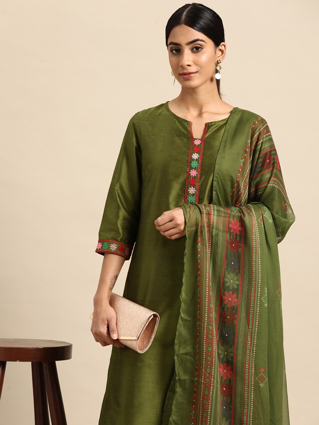 

all about you Floral Yoke Design Regular Kurta with Palazzos & Dupatta, Green