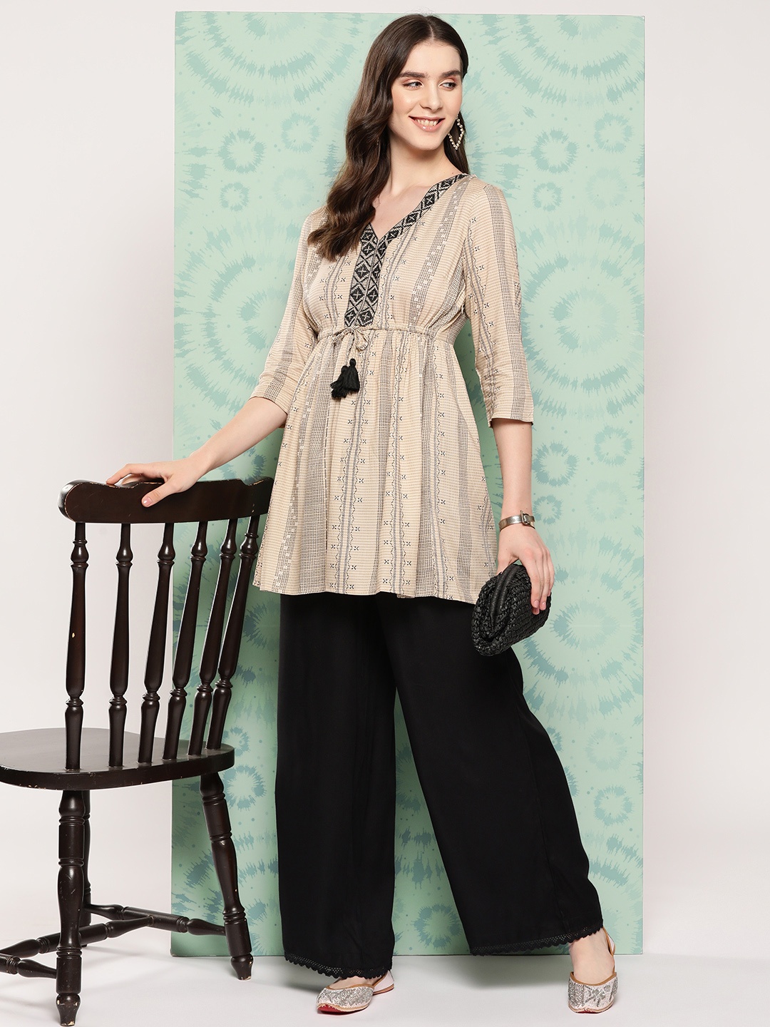 

all about you Women Striped Pleated Thread Work Kurta with Palazzos, Beige