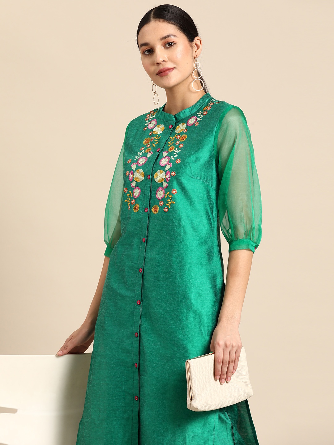 

all about you Yoke Design Kurta with Trousers, Green