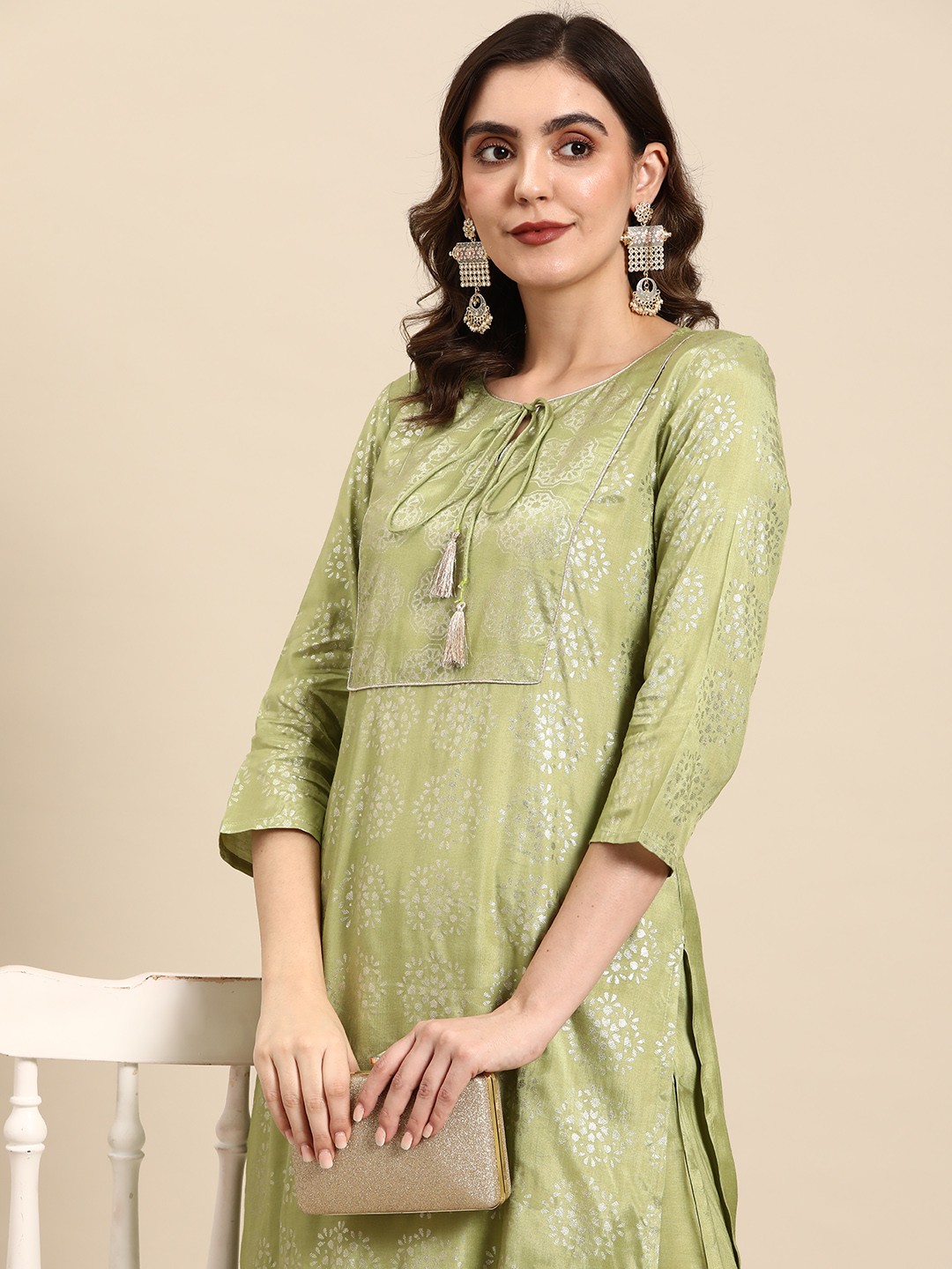 

all about you Ethnic Motifs Printed Tie-Up Neck Kurta with Palazzos, Green