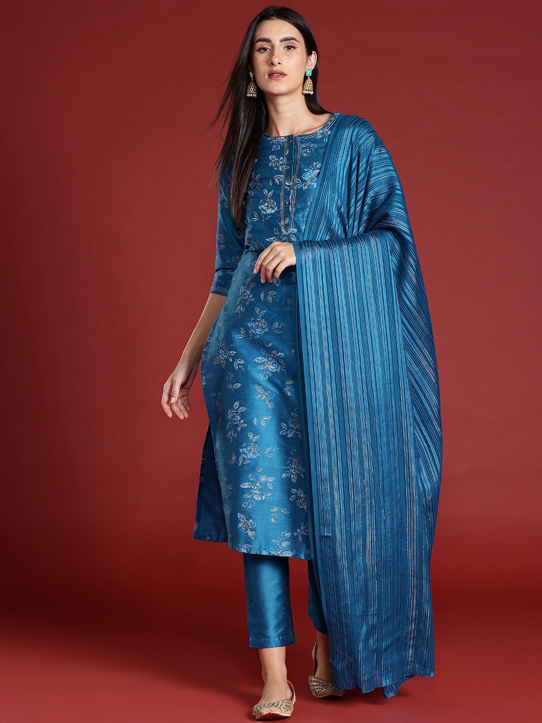 

all about you Floral Printed Kurta with Trousers & Dupatta, Teal