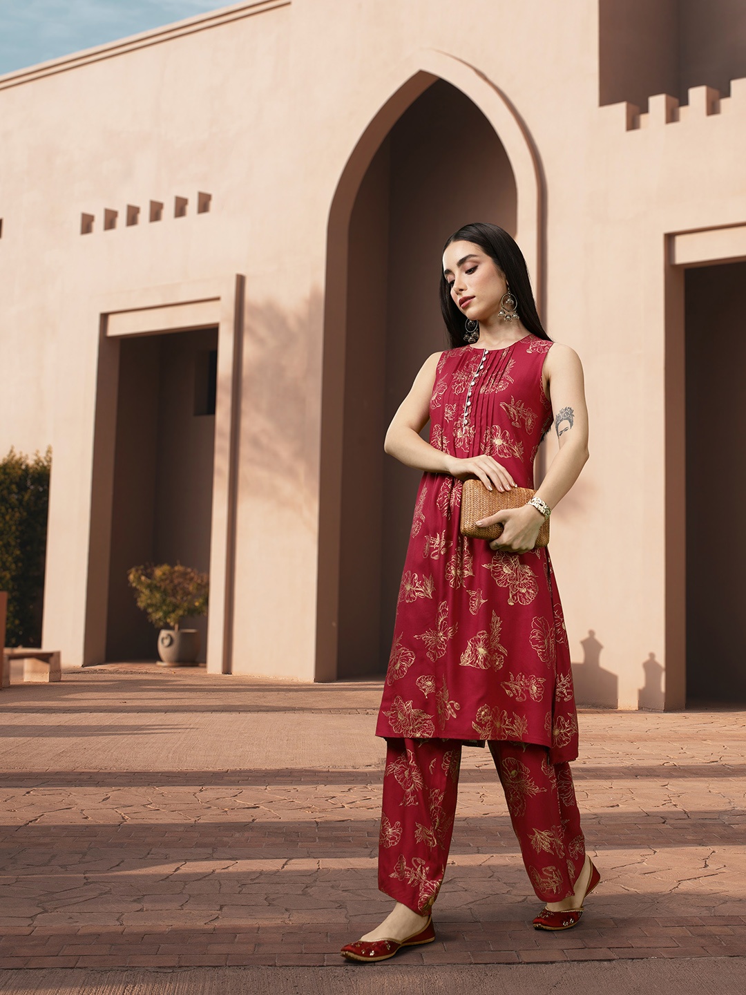 

all about you Floral Print Pleated Kurta with Palazzos, Maroon