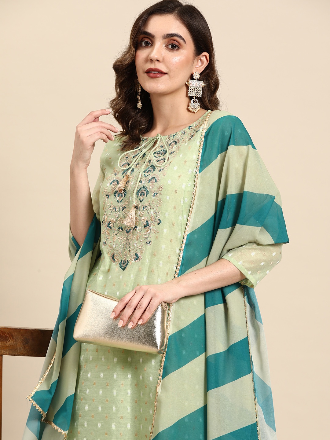 

all about you Yoke Design Floral Embroidered Kurta with Trousers & Dupatta, Green