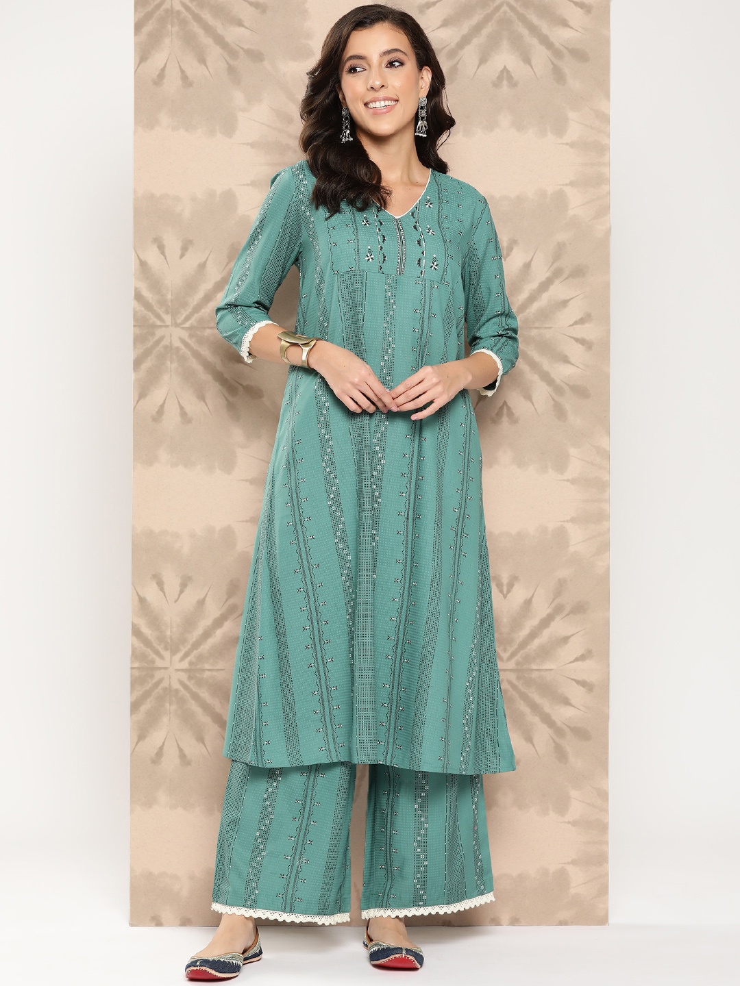 

all about you Women Ethnic Motifs Printed A-Line Kurta with Palazzos, Sea green