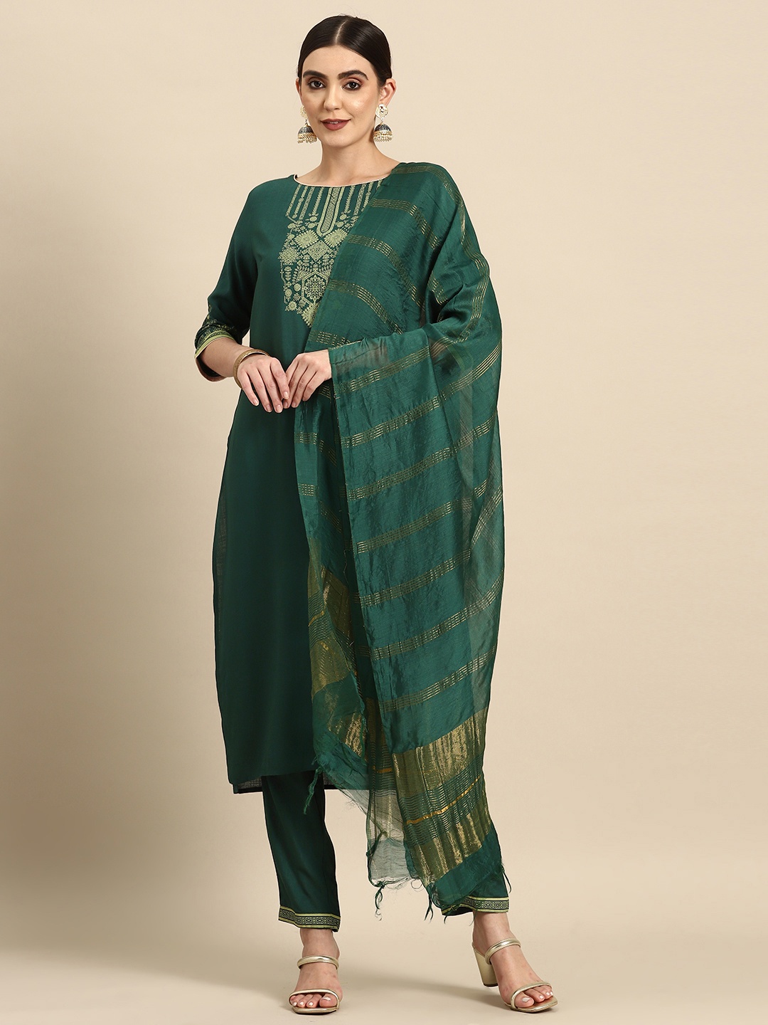 

all about you Ethnic Motifs Print Kurta with Trousers & With Dupatta, Green