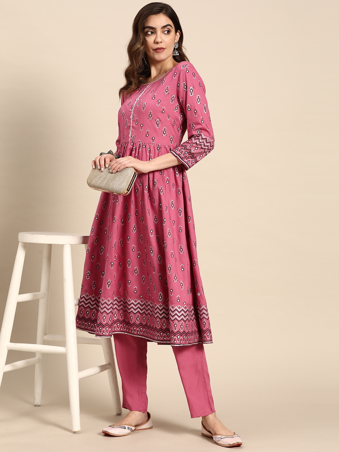 

all about you Women Floral Printed Regular Kurta with Trouser, Pink
