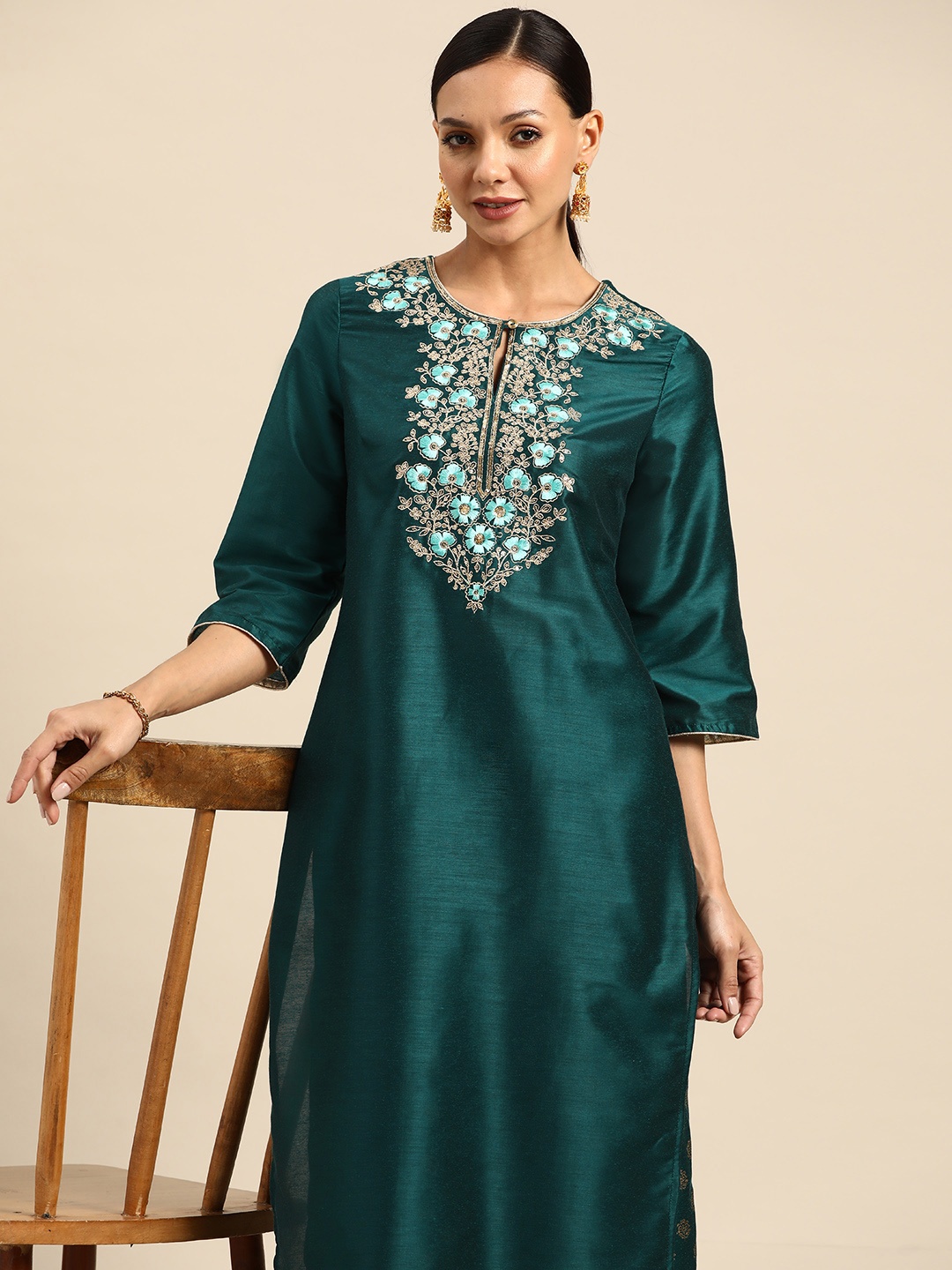 

all about you Ethnic Motifs Embroidered Yoke Design Regular Sequinned Kurta with Palazzos, Green