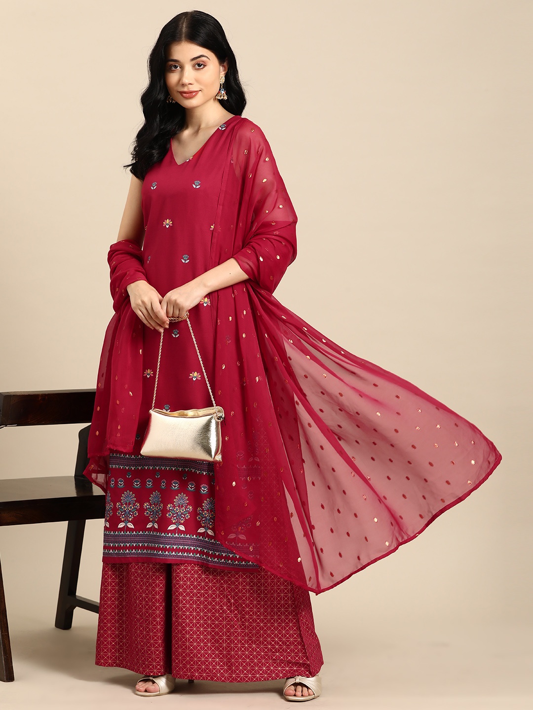 

all about you Women Maroon Regular Kurta with Palazzos & With Dupatta