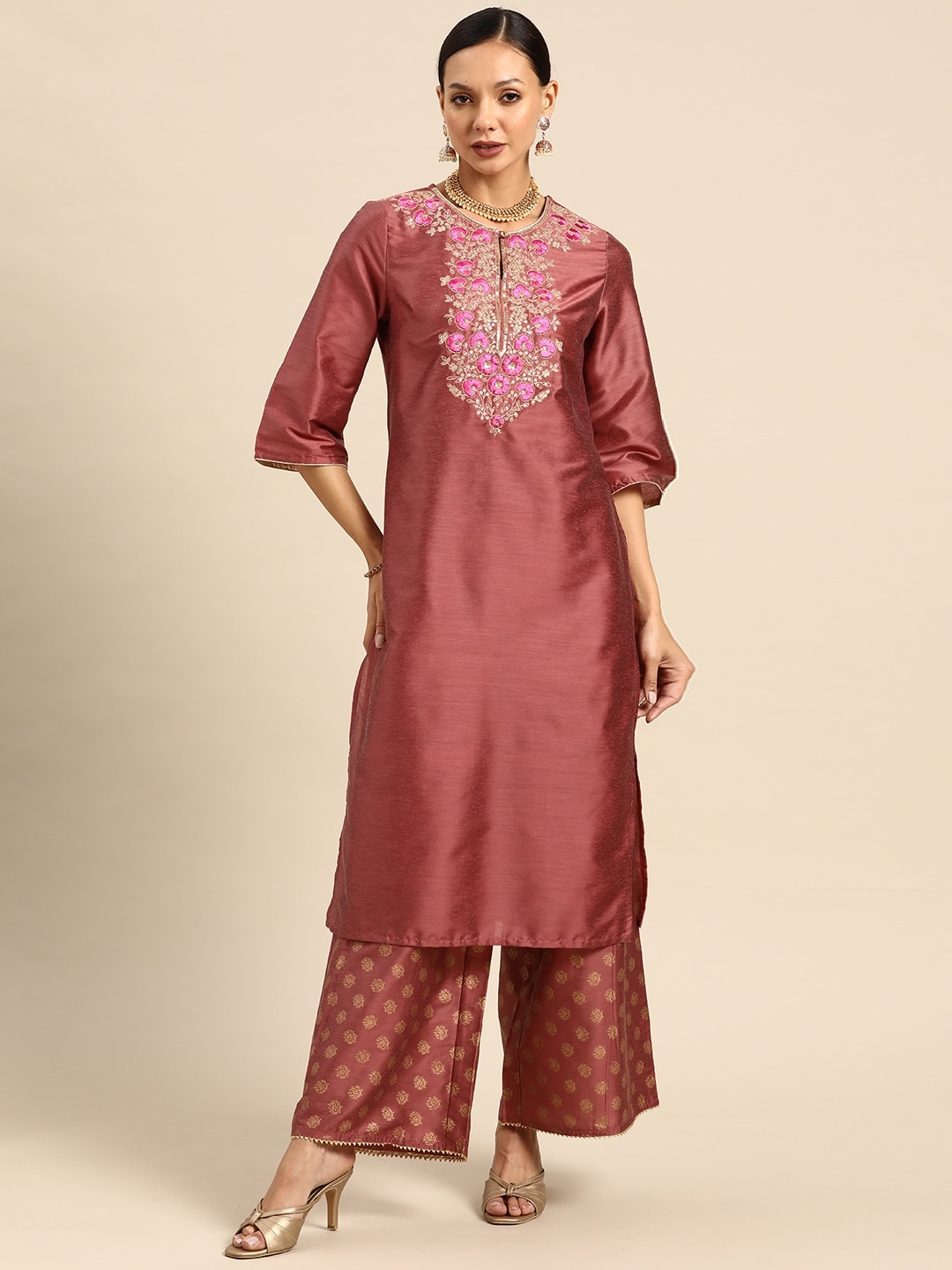 

all about you Ethnic Motifs Embroidered Yoke Design Regular Kurta with Palazzos, Rust