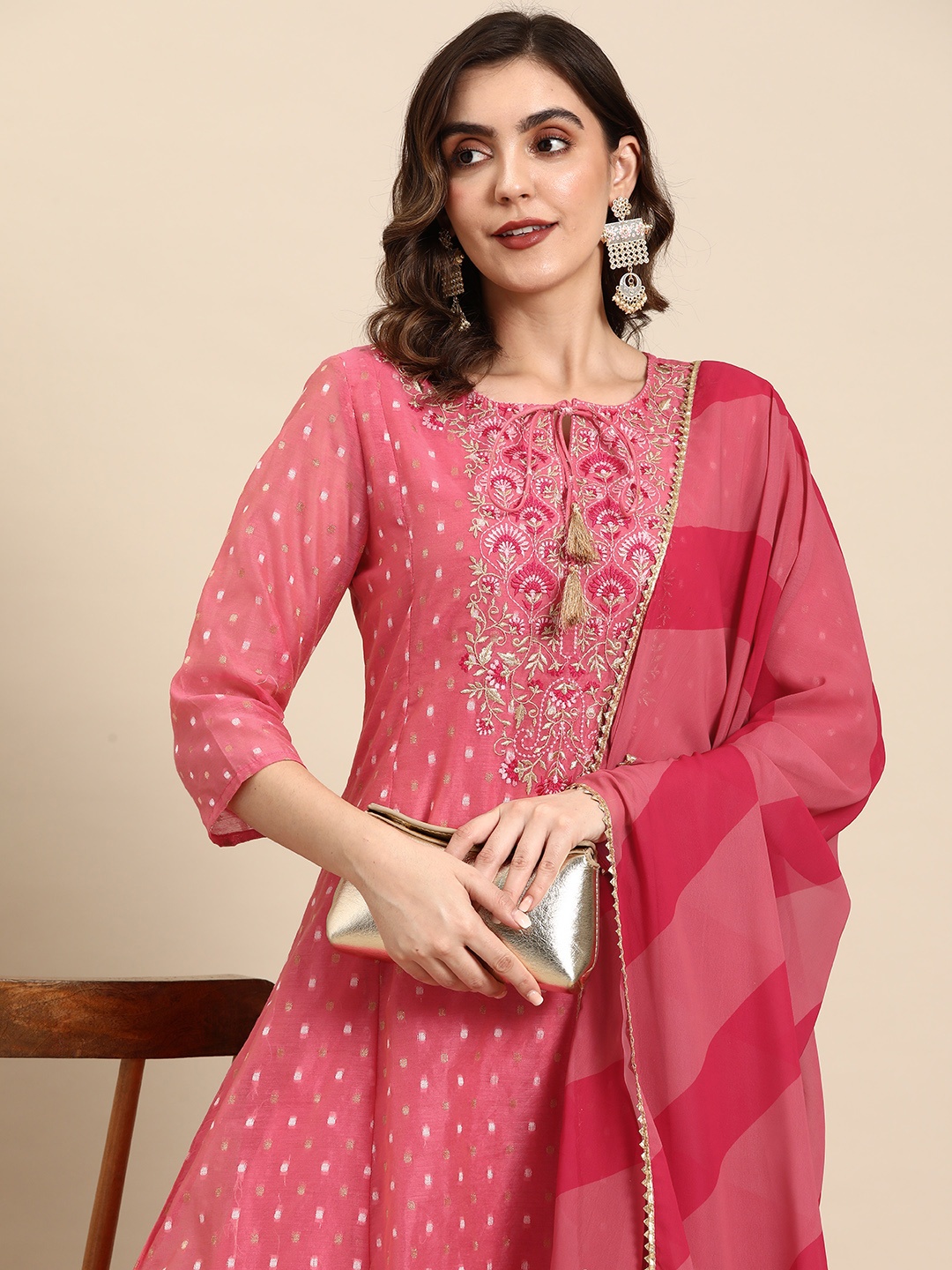 

all about you Yoke Design Floral Embroidered Kurta with Trousers & Dupatta, Pink