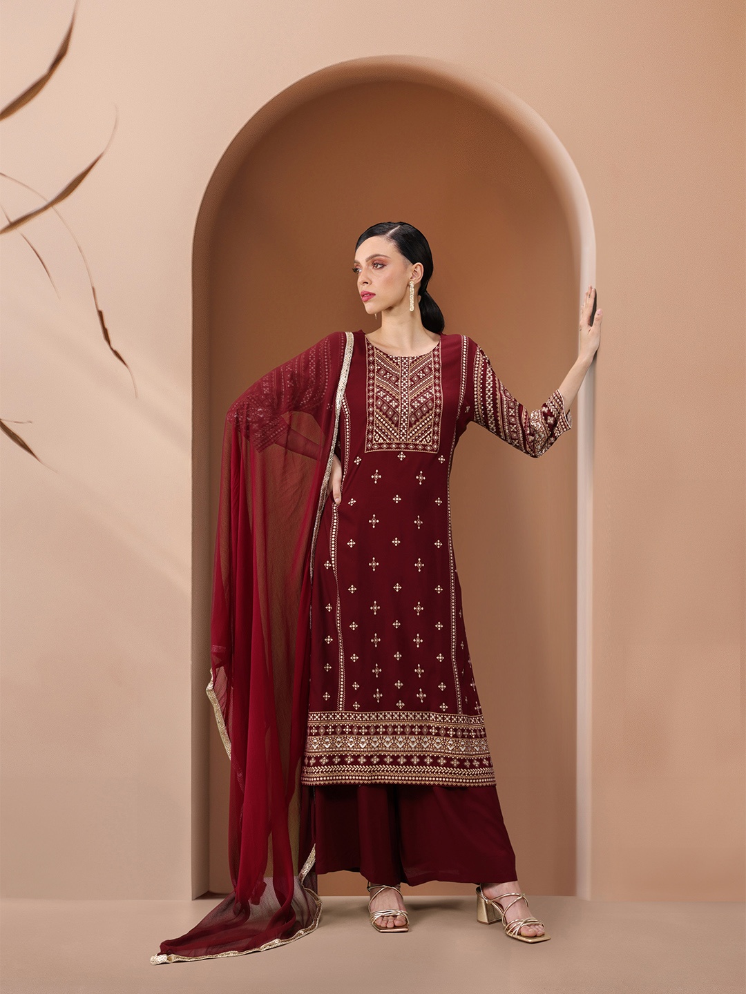 

all about you Women Ethnic Motifs Printed Kurta with Palazzos & Dupatta, Maroon