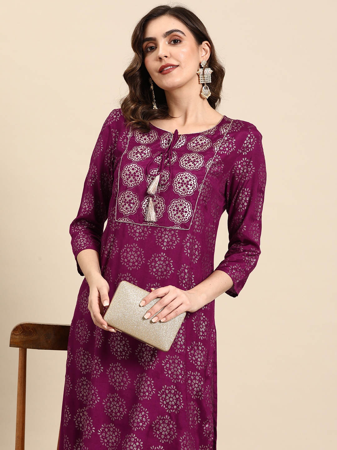 

all about you Ethnic Motifs Printed Tie-Up Neck Kurta with Palazzos, Purple