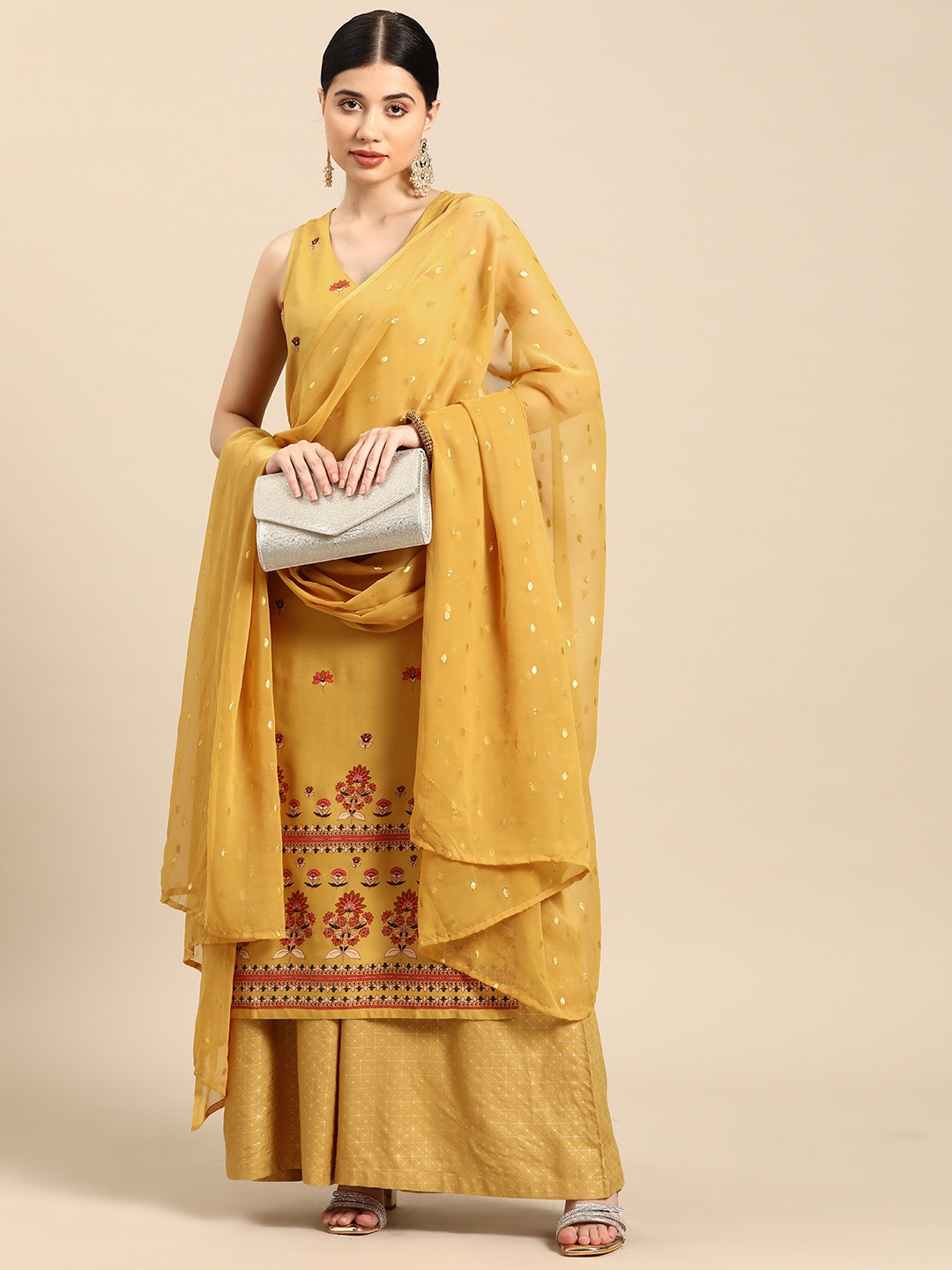 

all about you Women Yellow Ethnic Motifs Printed Regular Kurta with Palazzos & With Dupatta