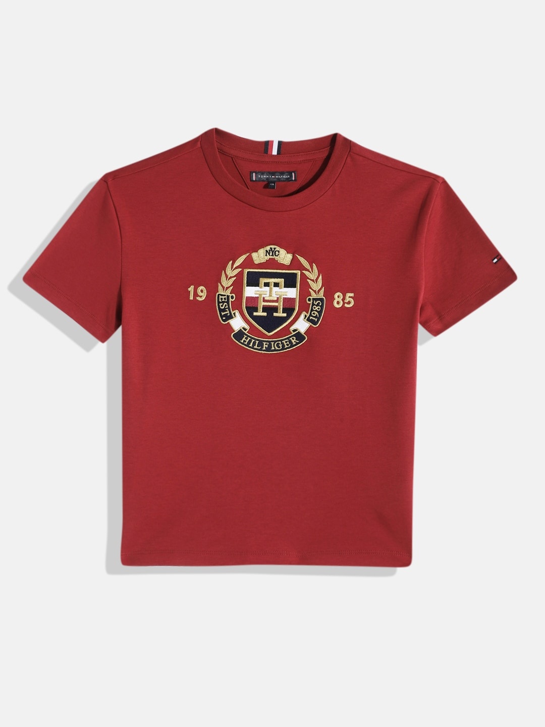 

Tommy Hilfiger Boys Brand Logo Embroidered Round Neck Pure Cotton T-shirt, Red