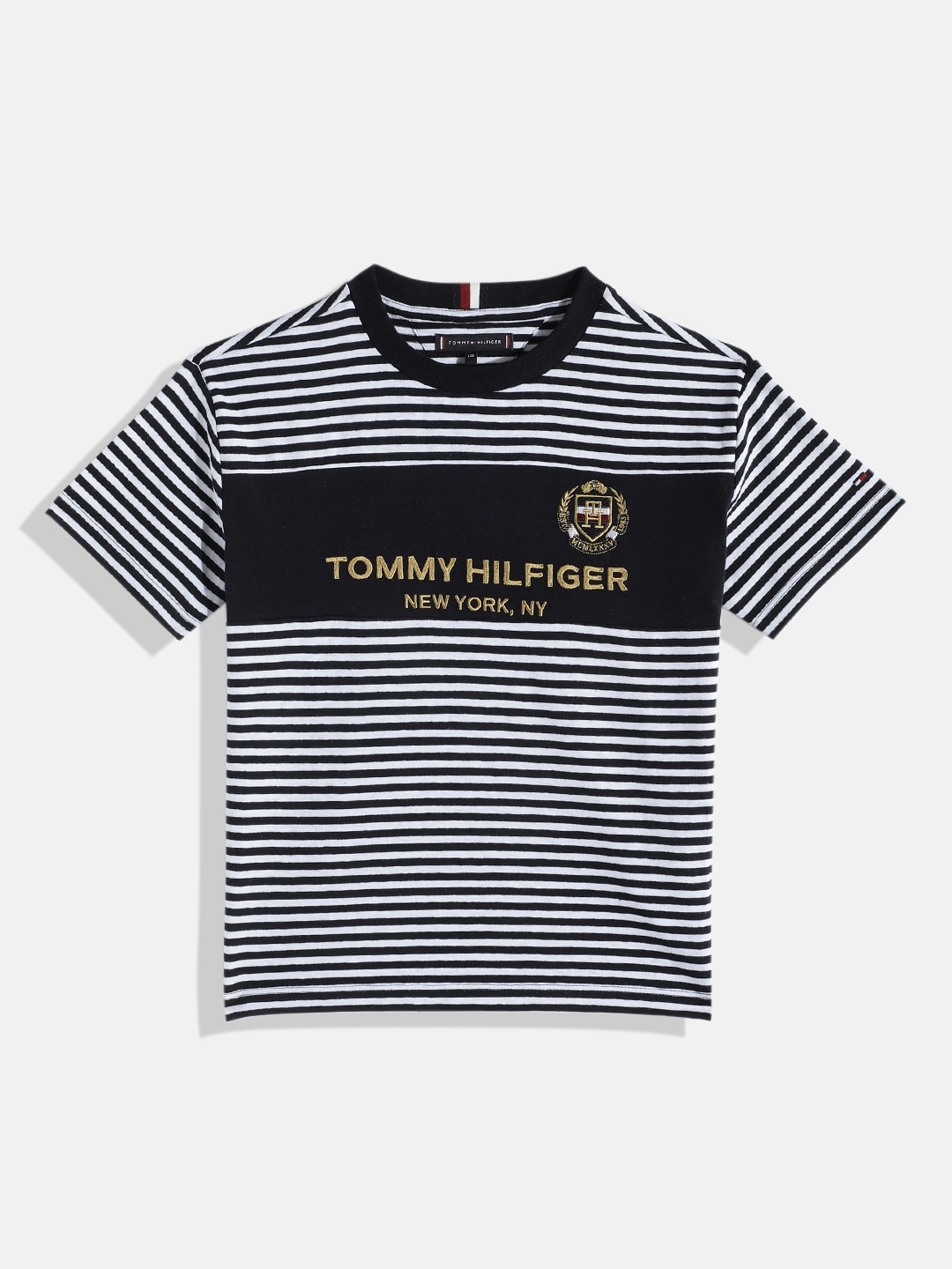 

Tommy Hilfiger Boys Striped Nautical Organic Cotton Linen T-shirt With Cut & Sew Detail, Navy blue