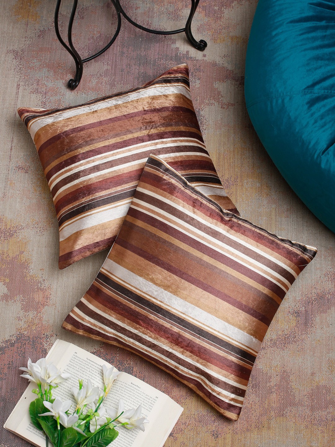 

SOKNACK Set of 2 Brown & White Striped Velvet Square Cushion Covers