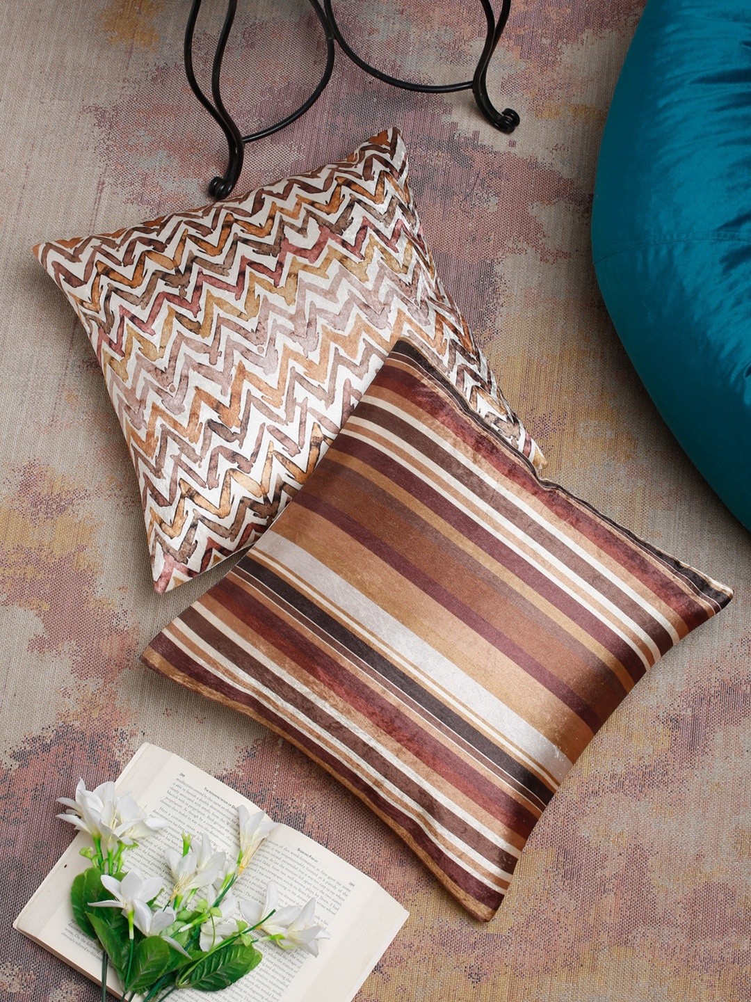 

SOKNACK White & Brown Set of 2 Striped Velvet Square Cushion Covers