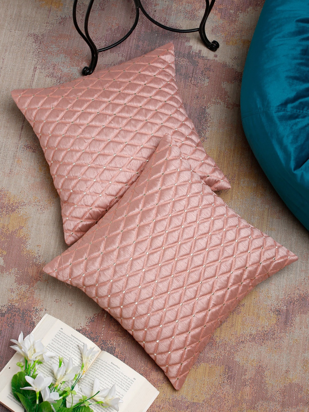 

SOKNACK Pink Set of 2 Embroidered Square Cushion Covers