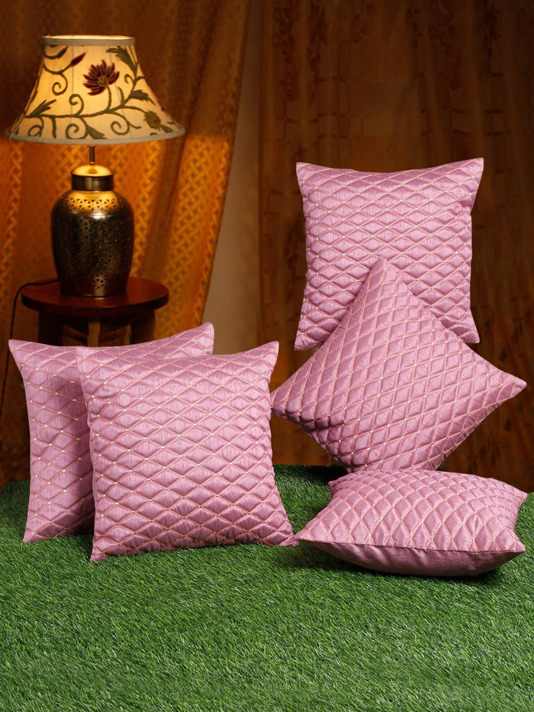 

SOKNACK Pink Set of 5 Embroidered Square Cushion Covers