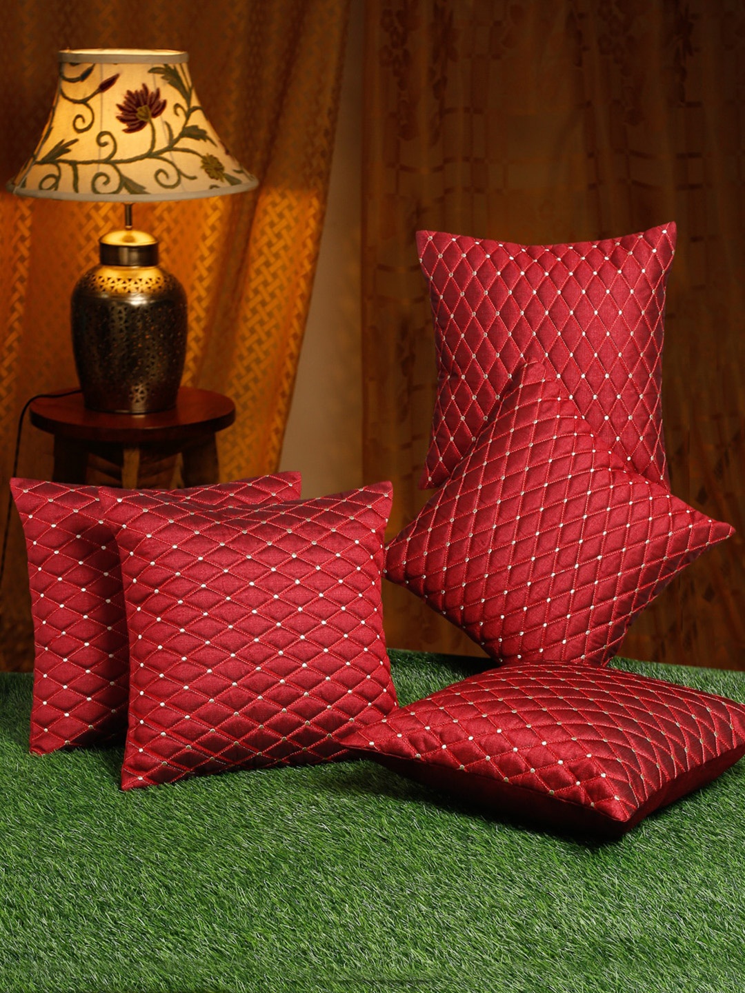 

SOKNACK Maroon Set of 5 Embroidered Square Cushion Covers