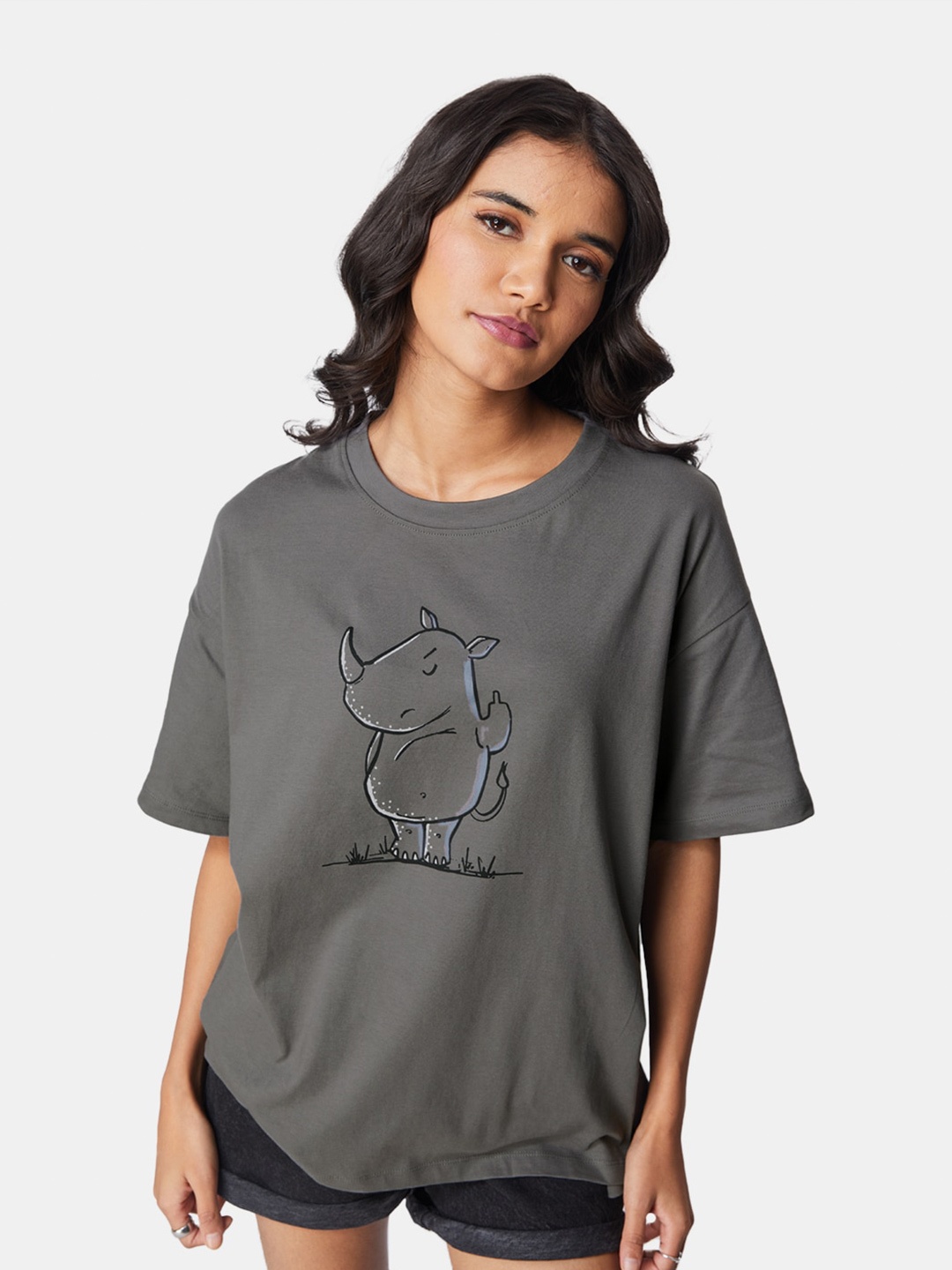 

The Souled Store Women Printed Drop-Shoulder Sleeves Loose Pure Cotton Oversized T-shirt, Grey