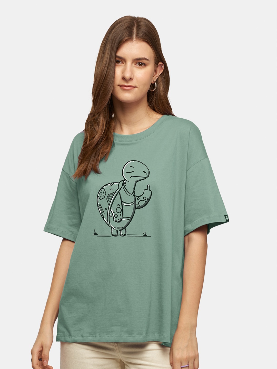 

The Souled Store Women Printed Cotton Round Neck Oversized Oversized T-shirt, Green