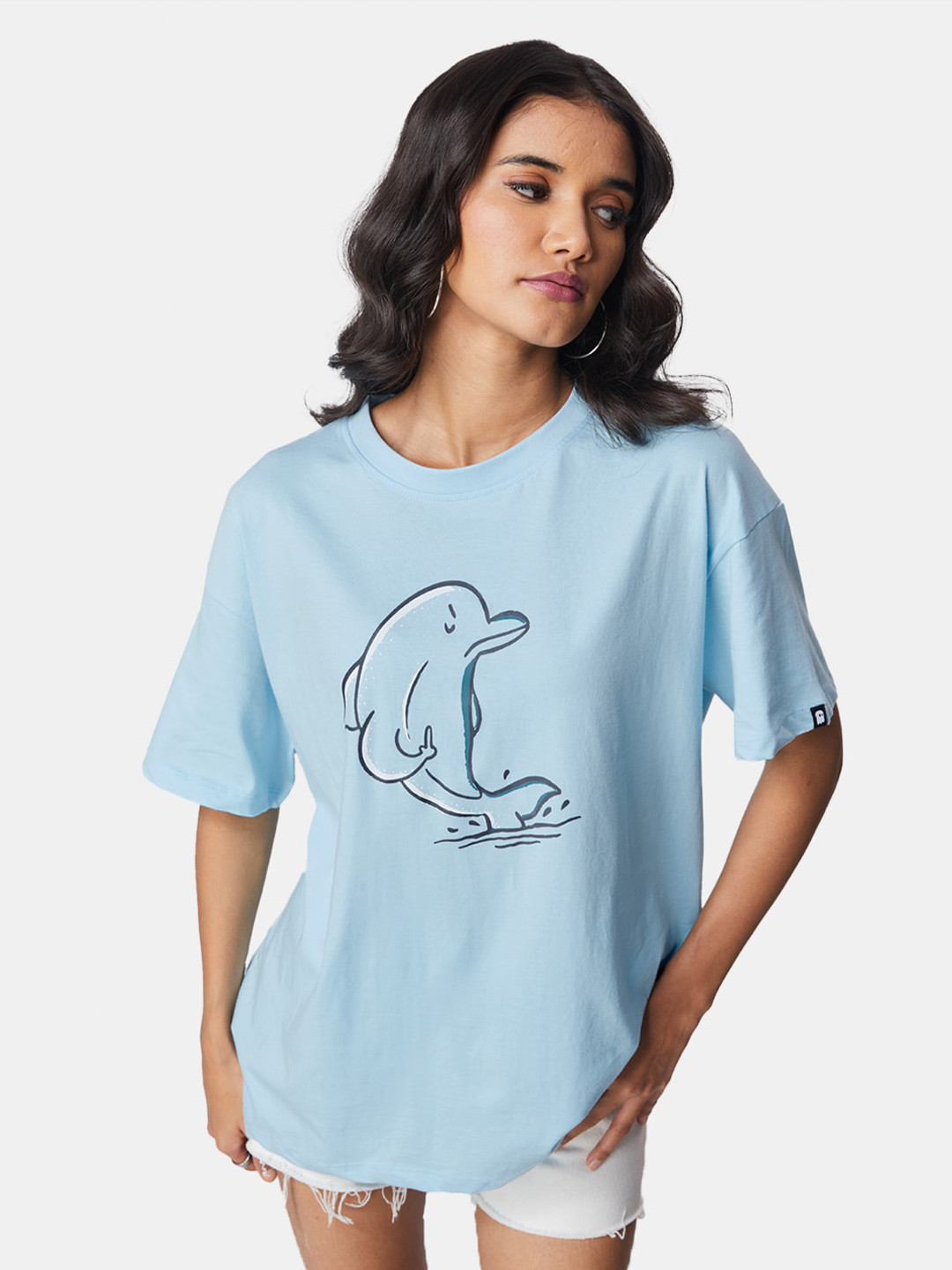 

The Souled Store Women Printed Cotton Round Neck Oversized T-shirt, Turquoise blue
