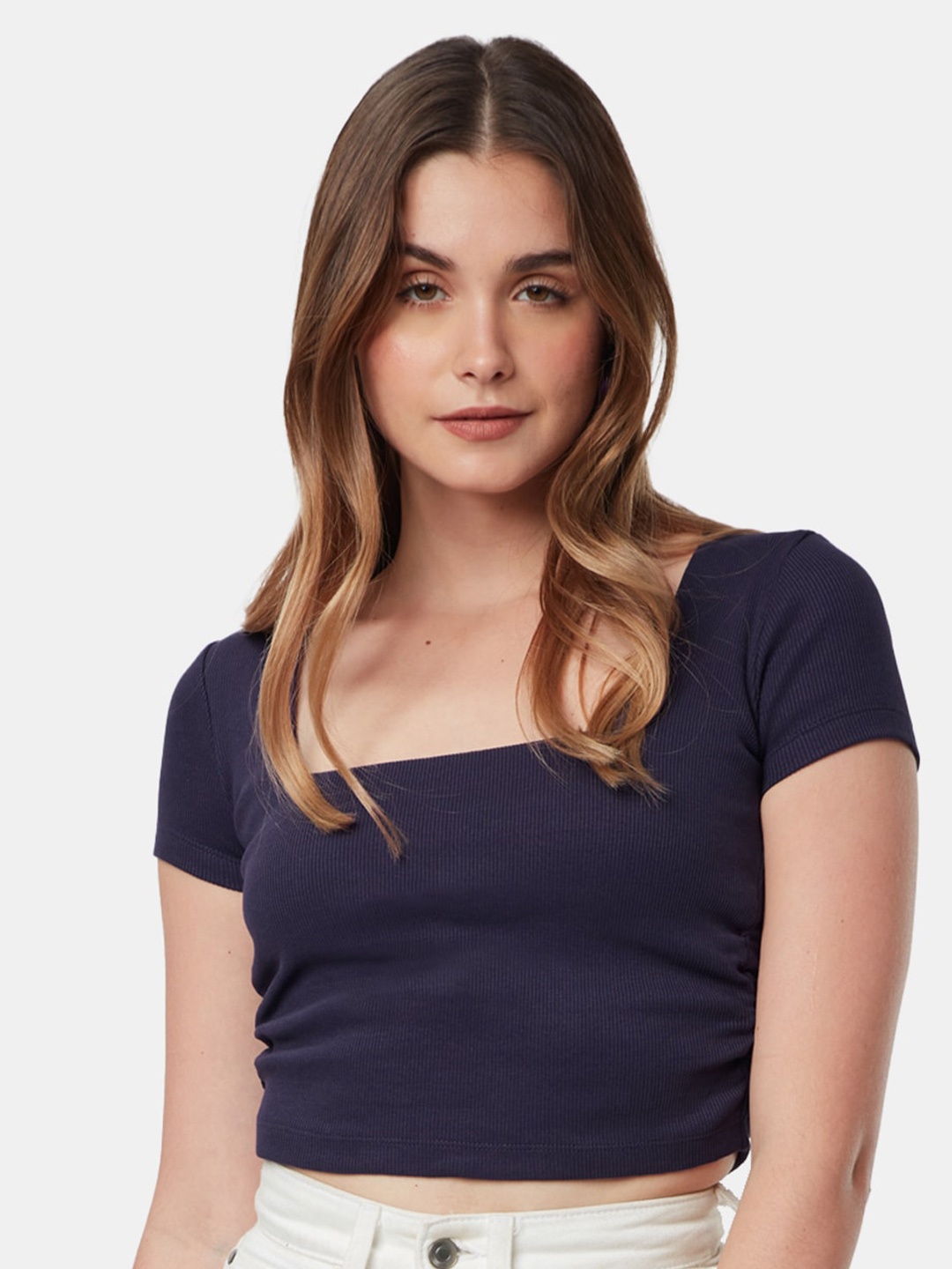 

The Souled Store Square Neck Cotton Crop Fitted Top, Navy blue