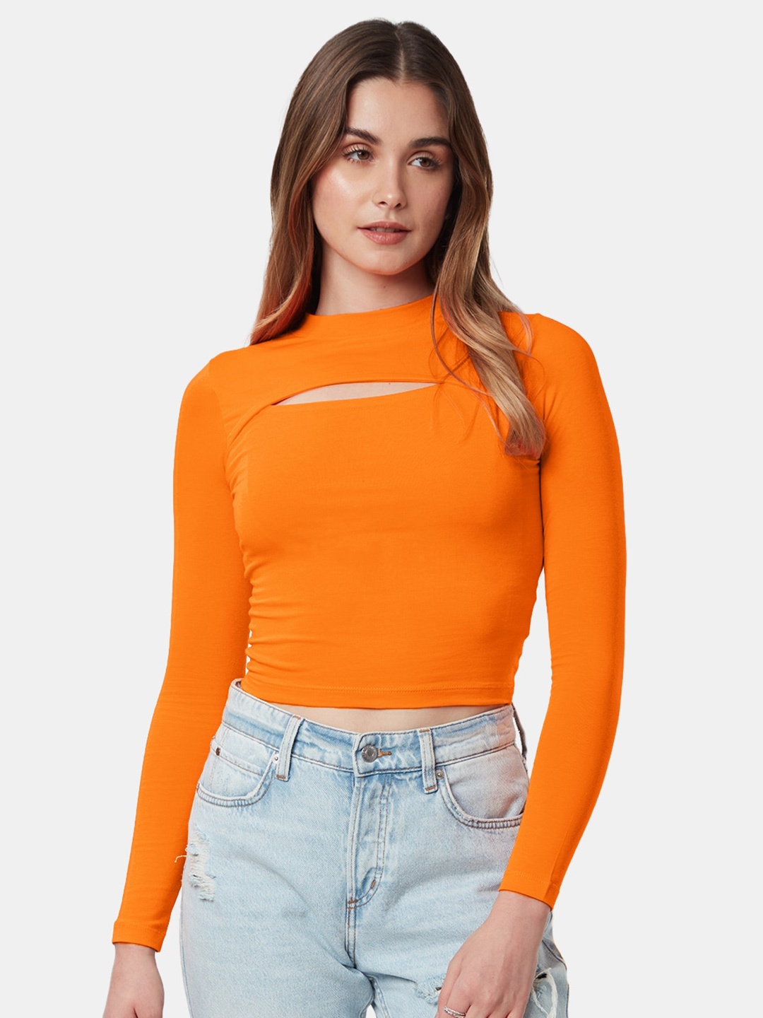 

The Souled Store High Neck Cotton Fitted Crop Top, Orange