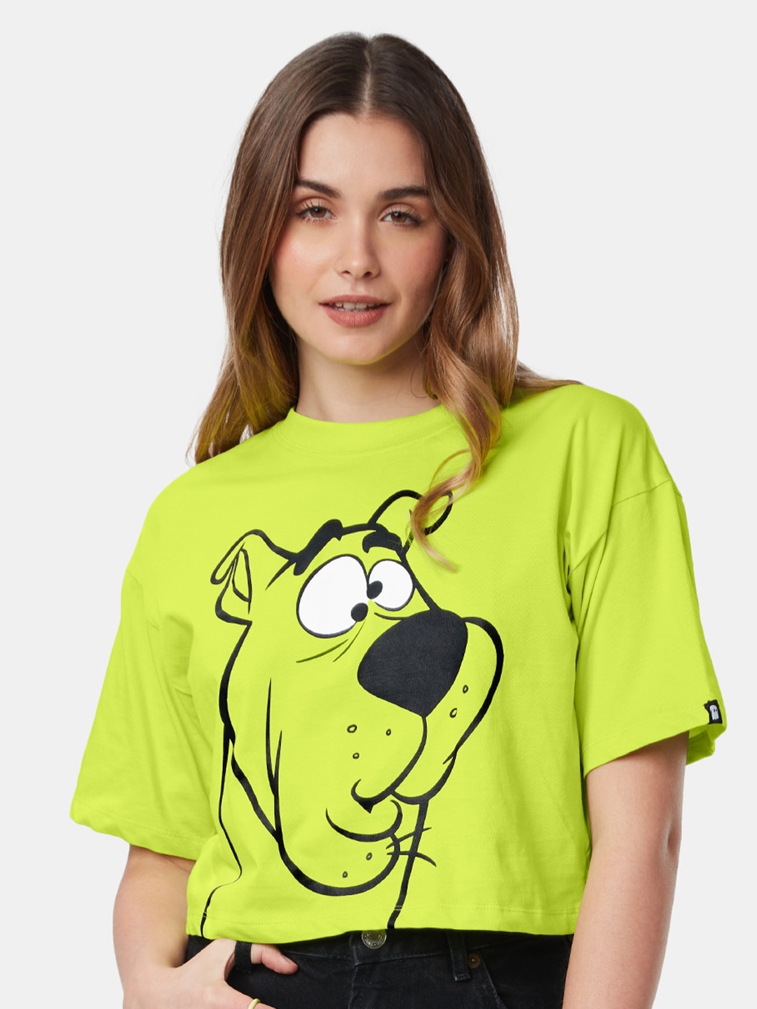 

The Souled Store Women Printed Cotton Round Neck Crop Oversized T-shirt, Fluorescent green