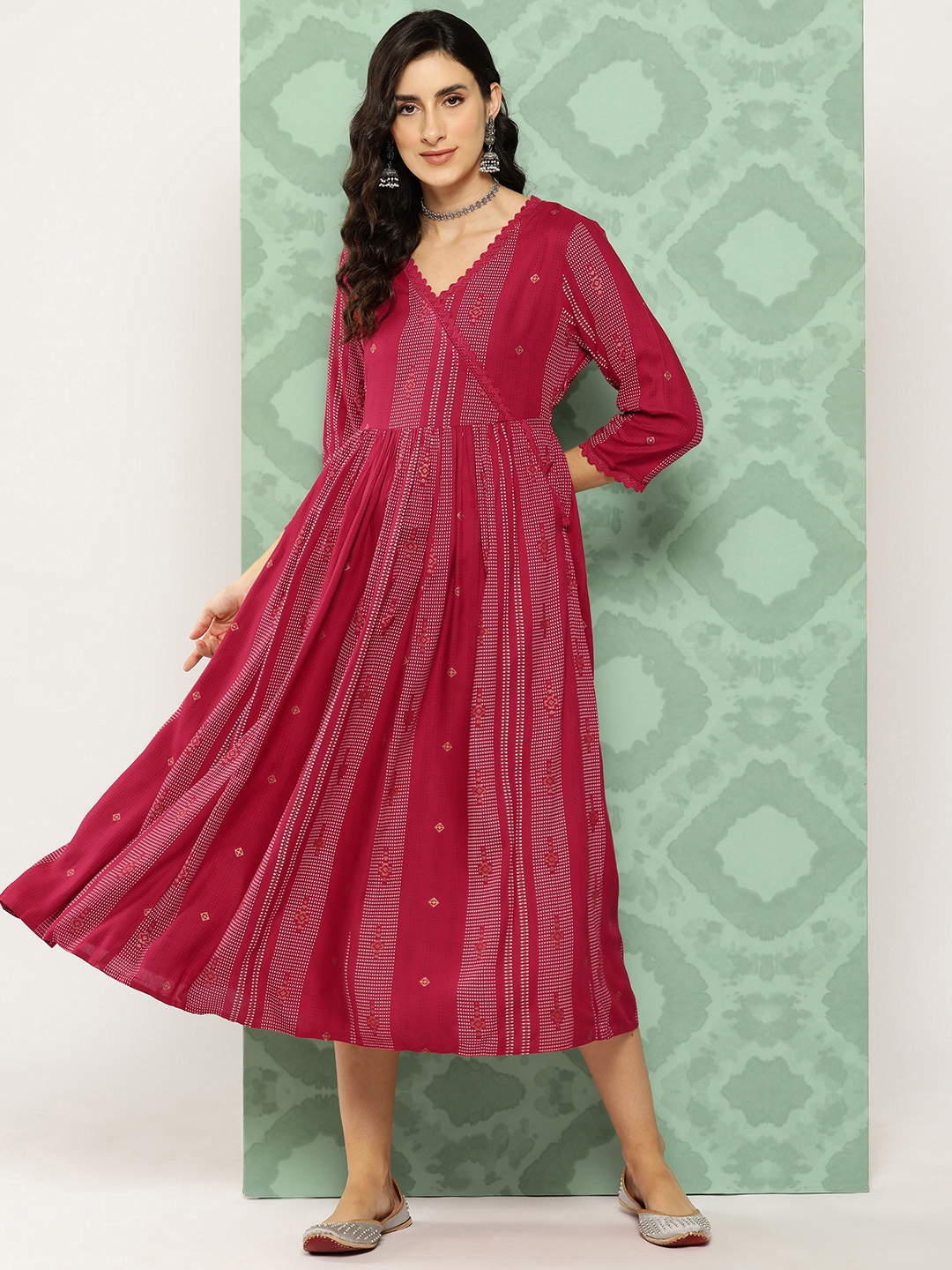 

all about you Striped Gathered Waist Wrap Midi Dress with Pockets, Red
