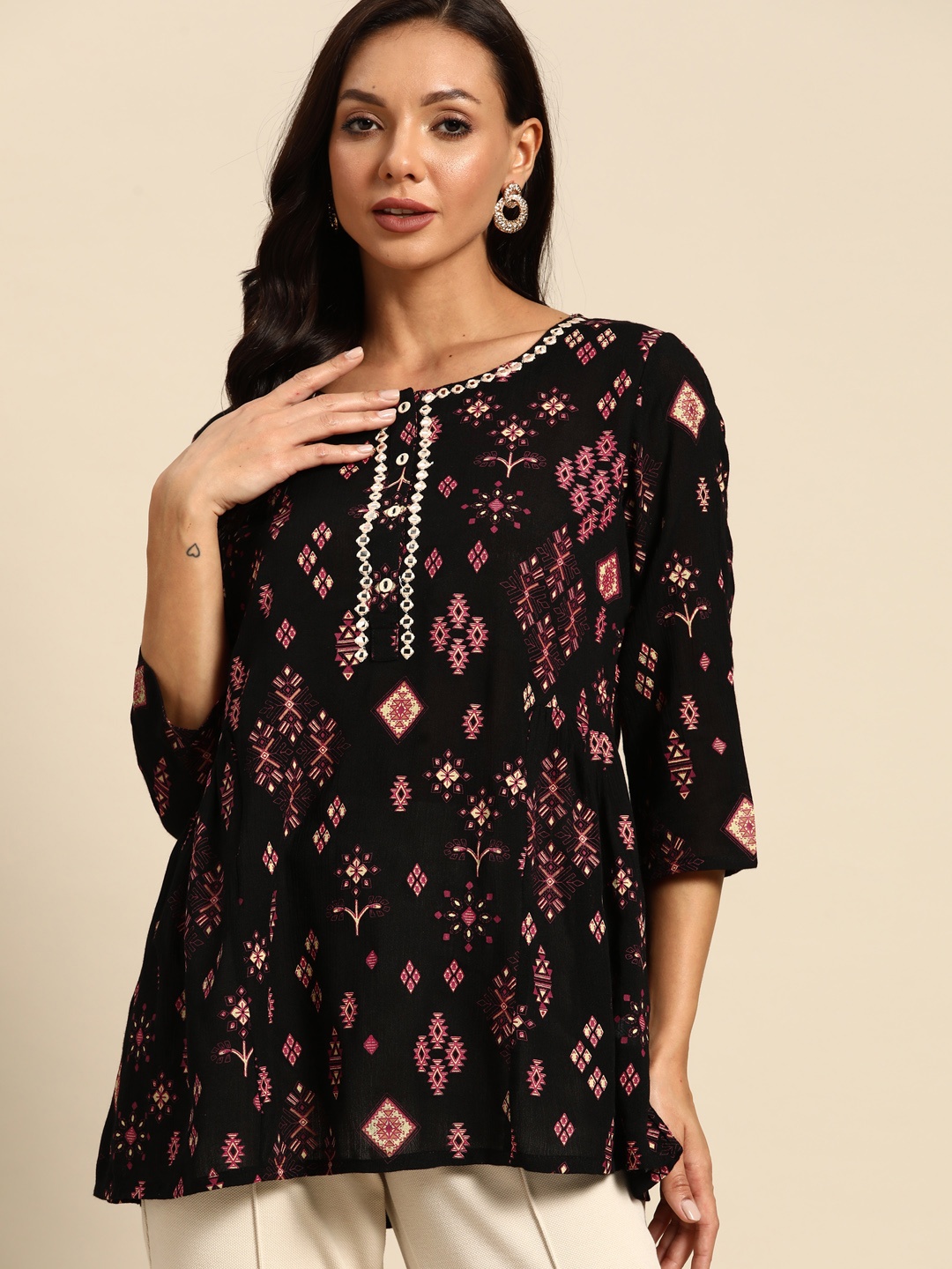 

all about you Ethnic Motifs Print Mirror Work Tunic, Black