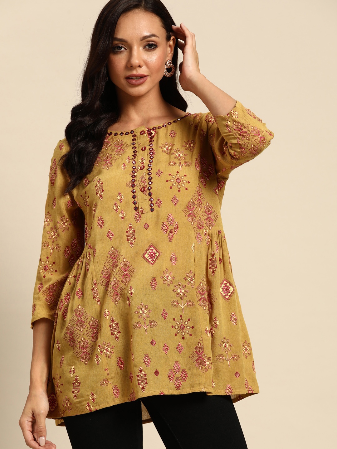 

all about you Ethnic Motifs Print Mirror Work Tunic, Mustard