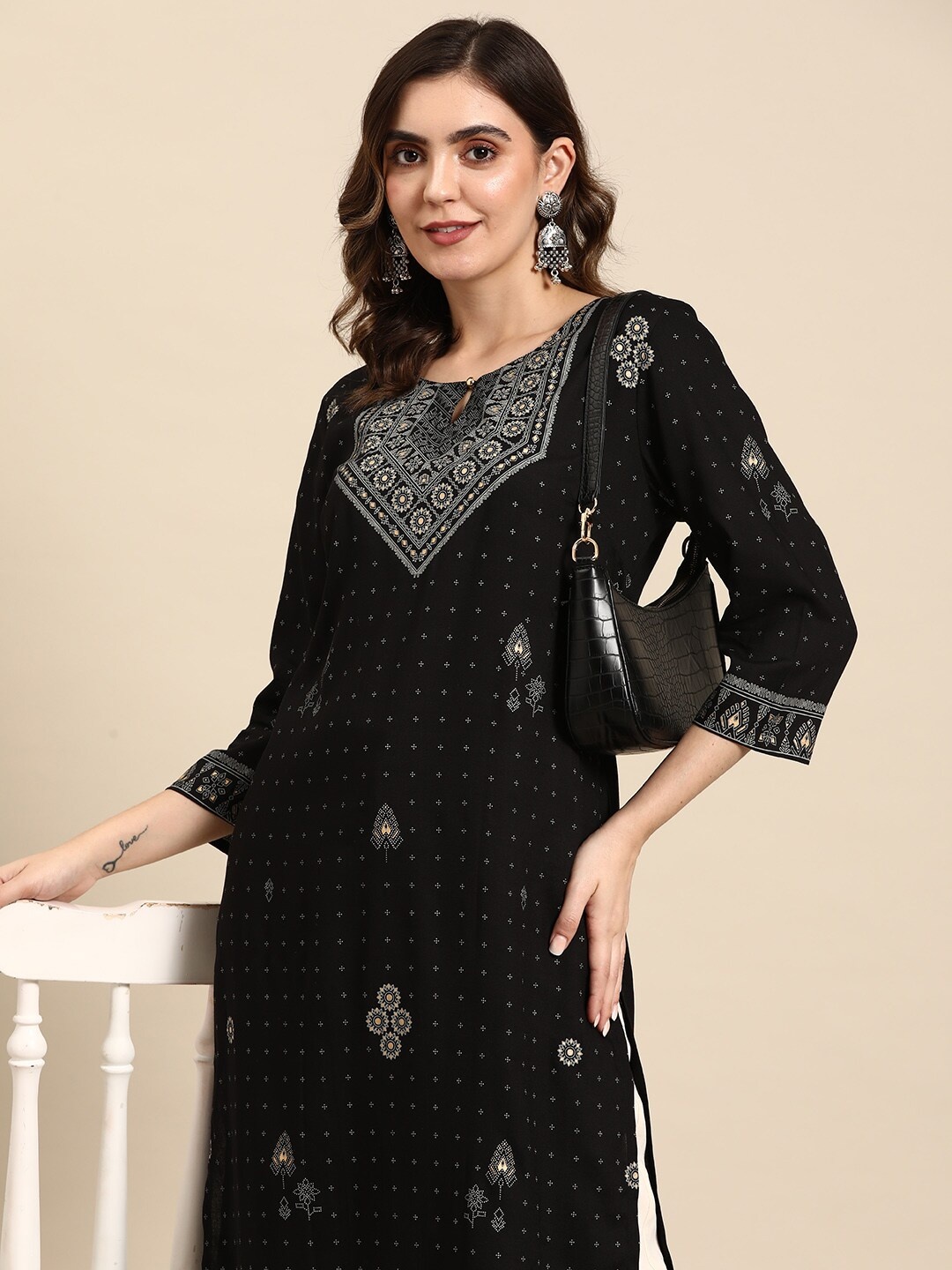 

all about you Ethnic Motifs Printed Keyhole Neck Kurta, Black