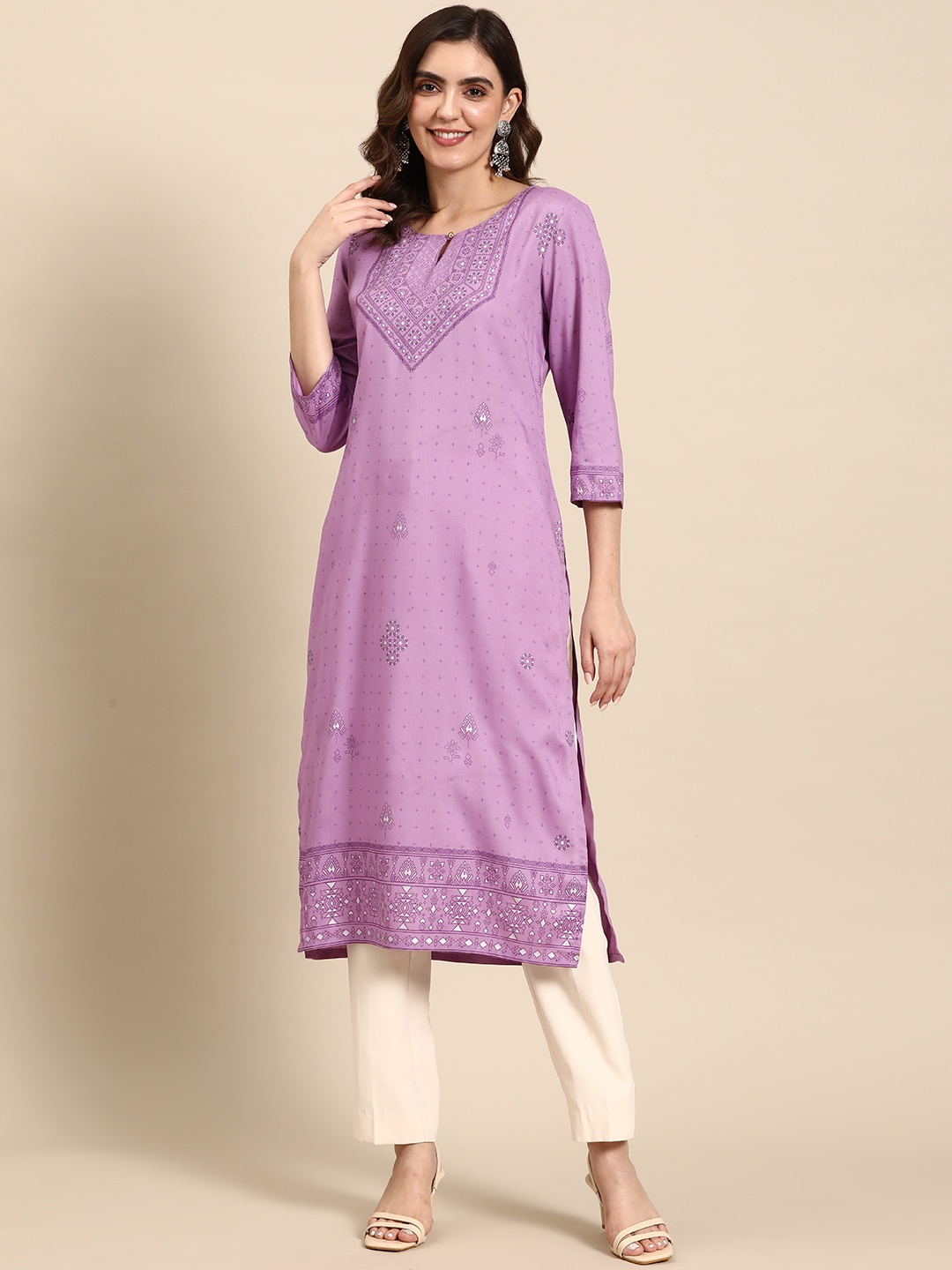 

all about you Ethnic Motifs Printed Keyhole Neck Kurta, Purple