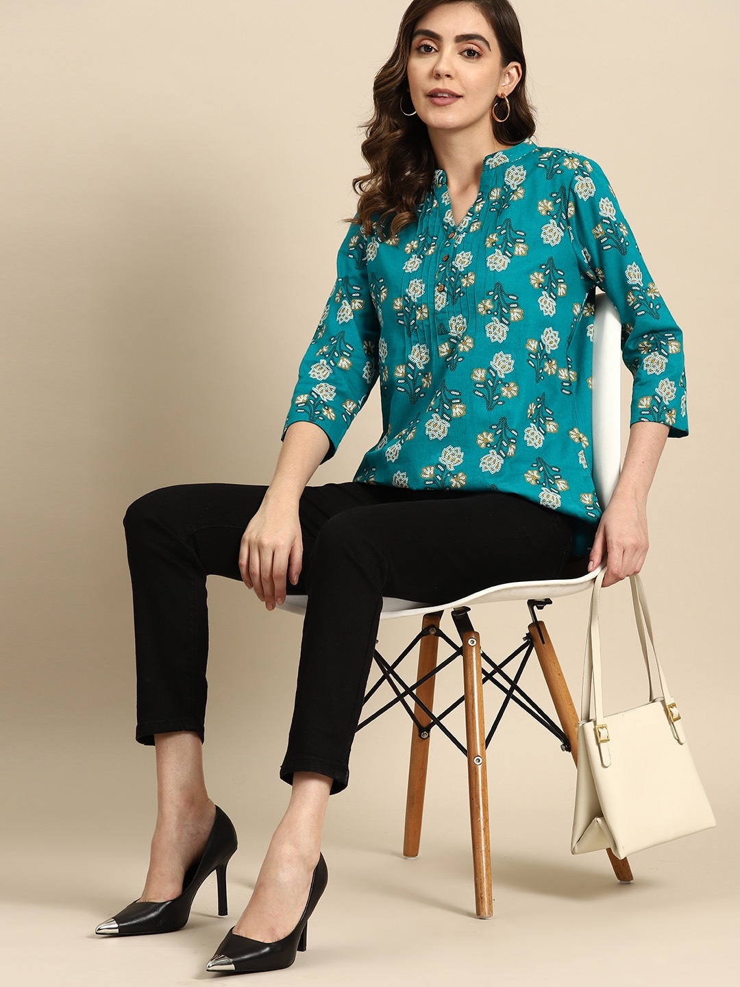 

all about you Floral Print Cotton Linen Kurti, Teal