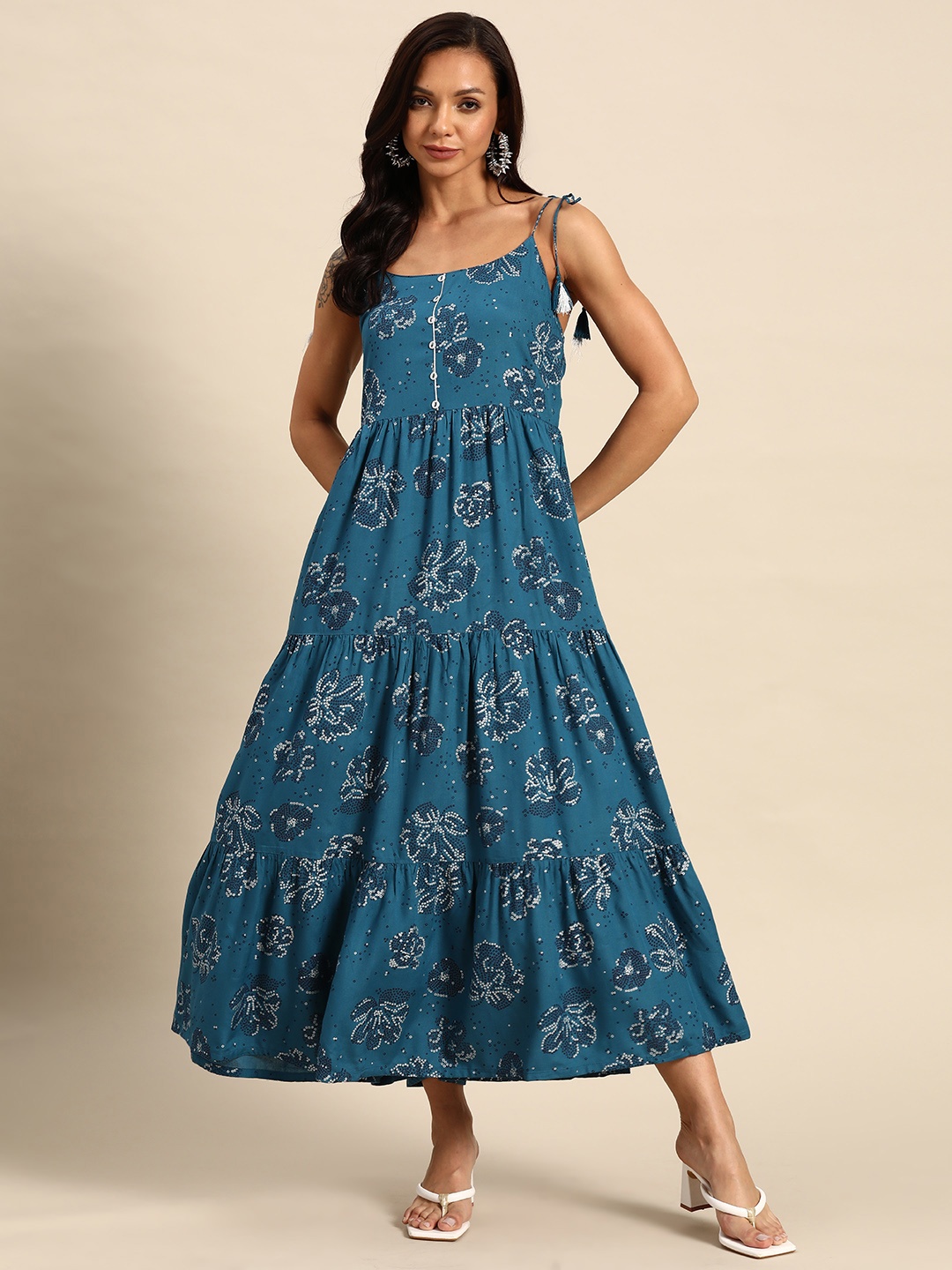 

all about you Bandhani Print A-Line Maxi Dress, Teal