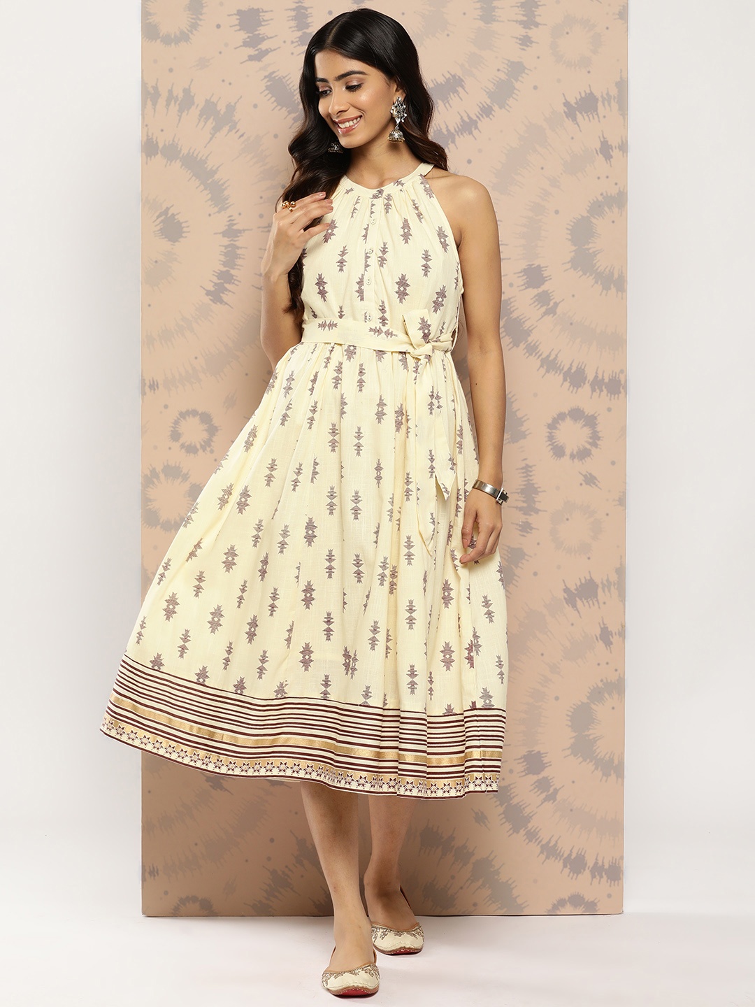 

all about you Ethnic Motifs Print A-Line Midi Dress, Cream