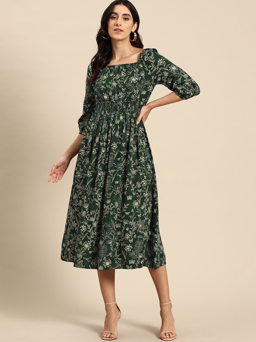 

all about you Floral Print Square Neck A-Line Midi Dress, Green