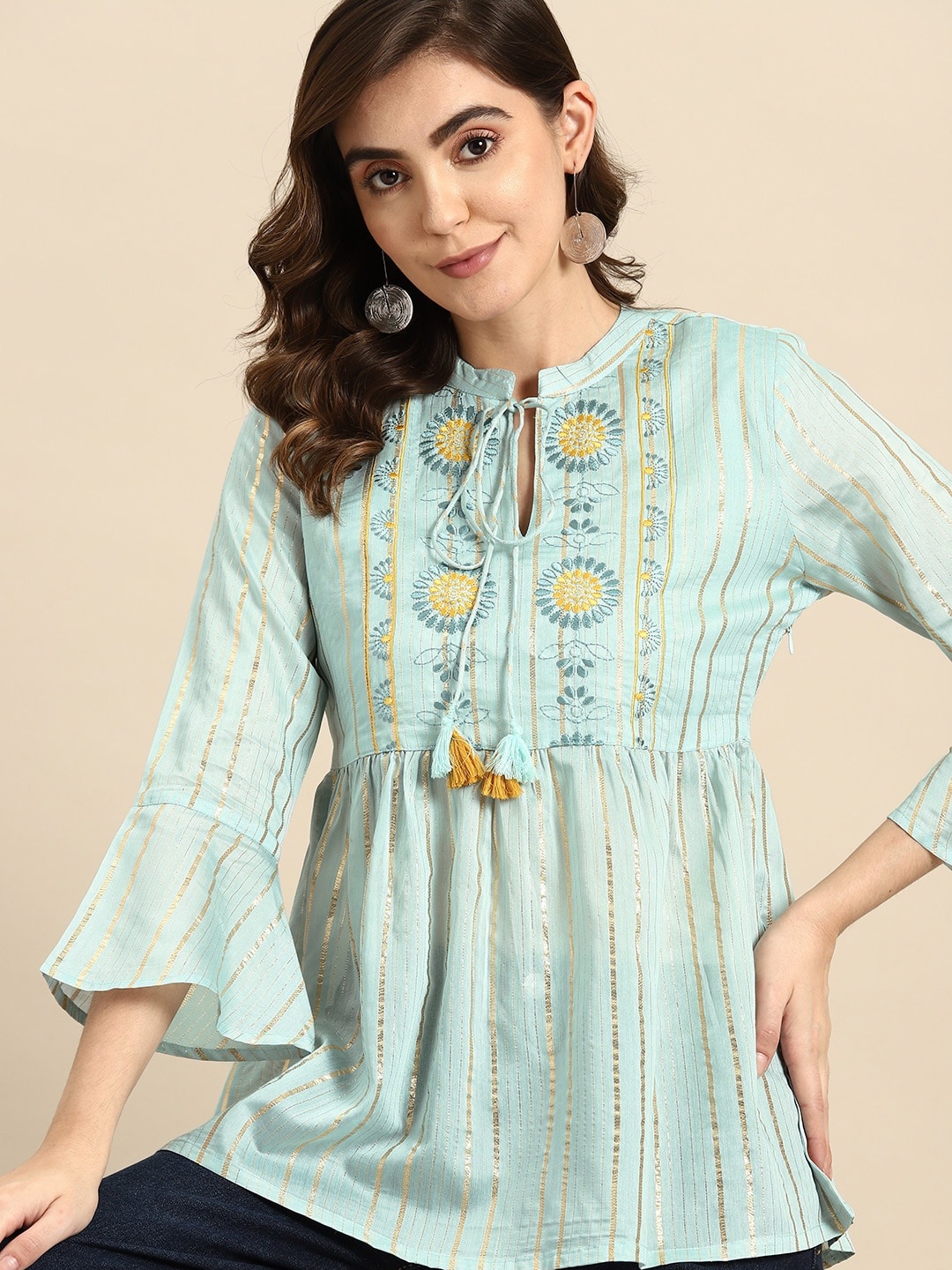 

all about you Floral Embroidered Bell Sleeves Pleated Kurti, Sea green
