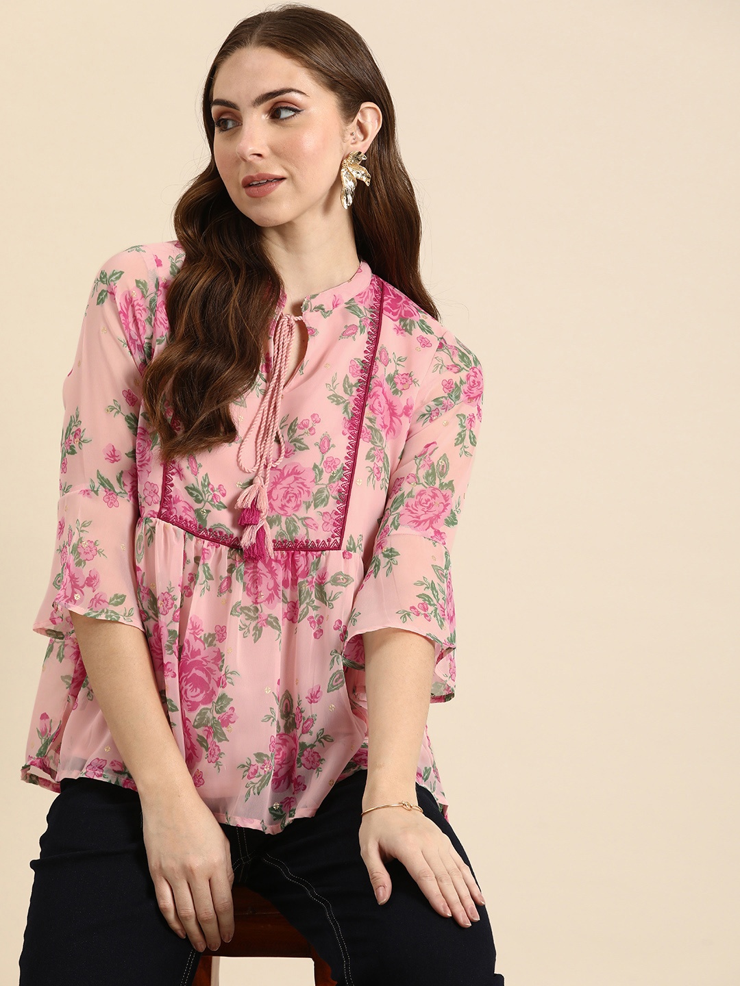 

all about you A-Line Floral Printed Tie-Up Neck Short Kurti, Pink