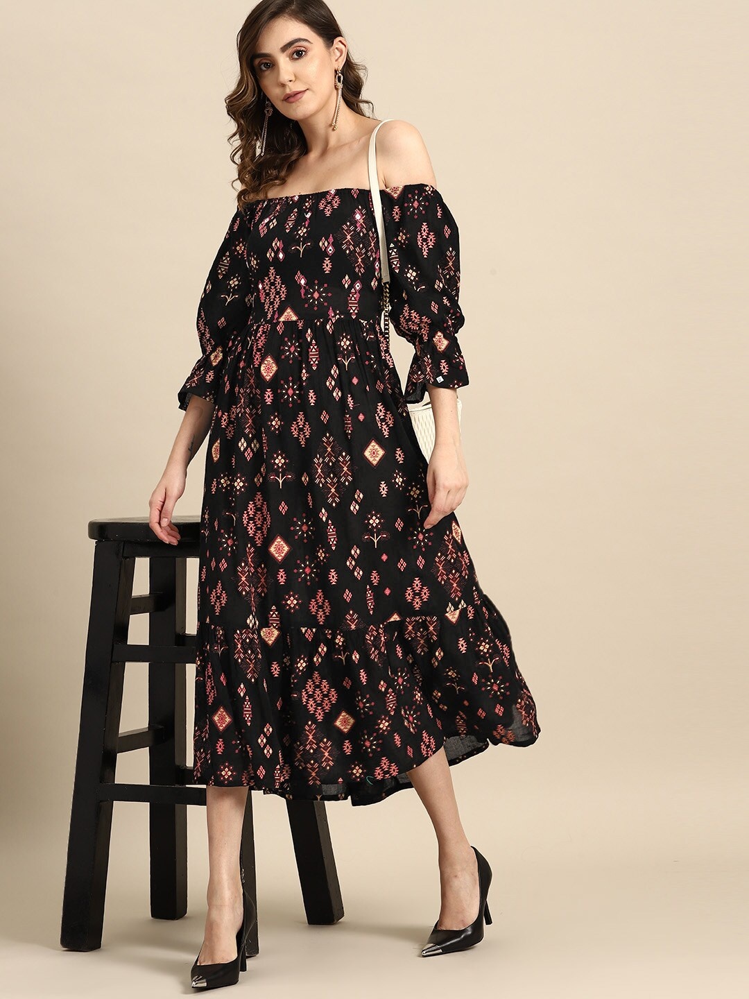 

Routes by All About You Floral Print Off-Shoulder A-Line Midi Dress, Black