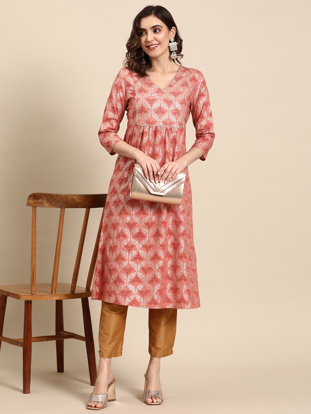 

all about you Ethnic Motifs Printed Gotta Patti Detail A-Line Kurta, Peach