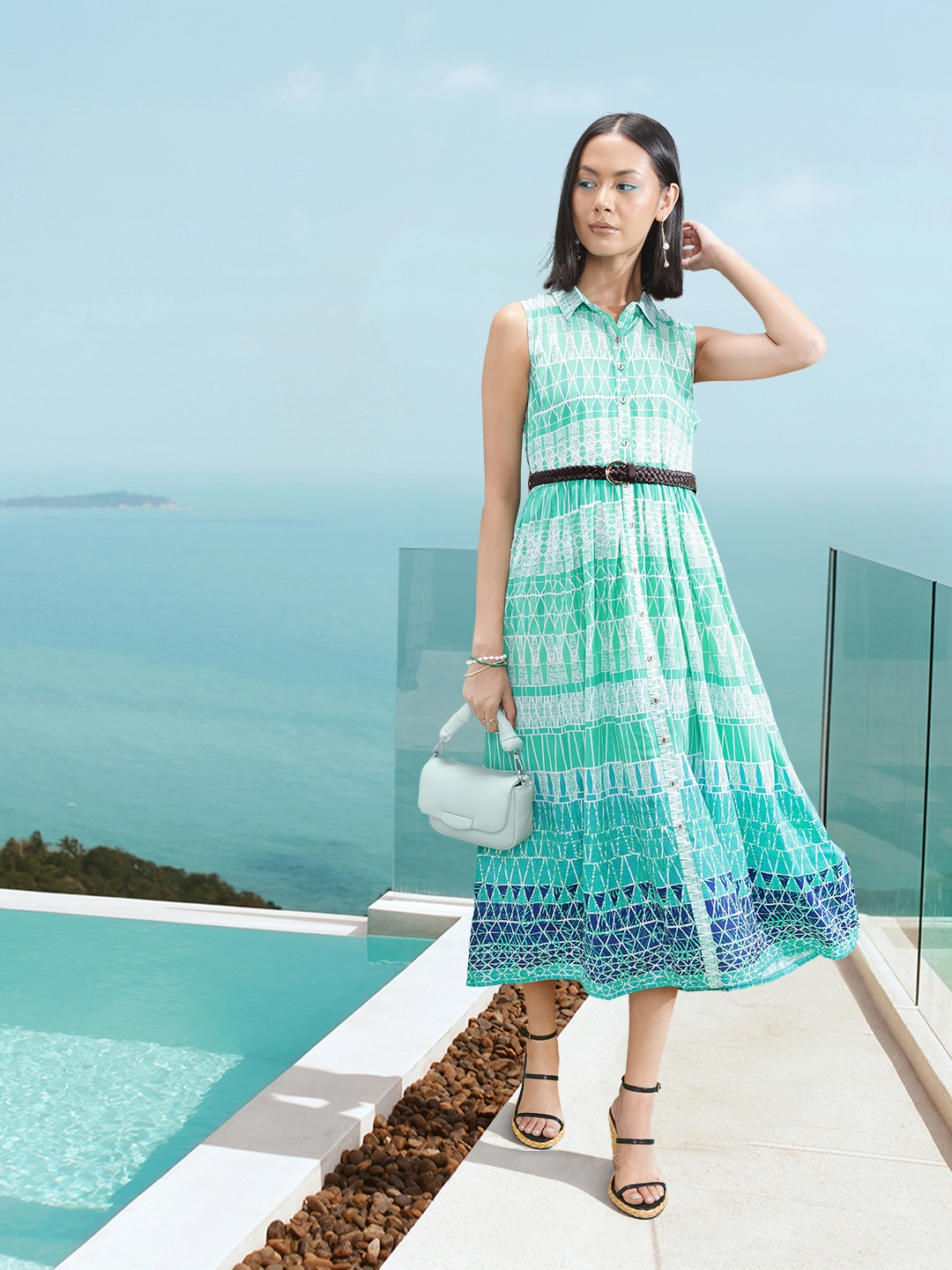 

all about you Printed Midi Shirt Dress with Belt, Blue