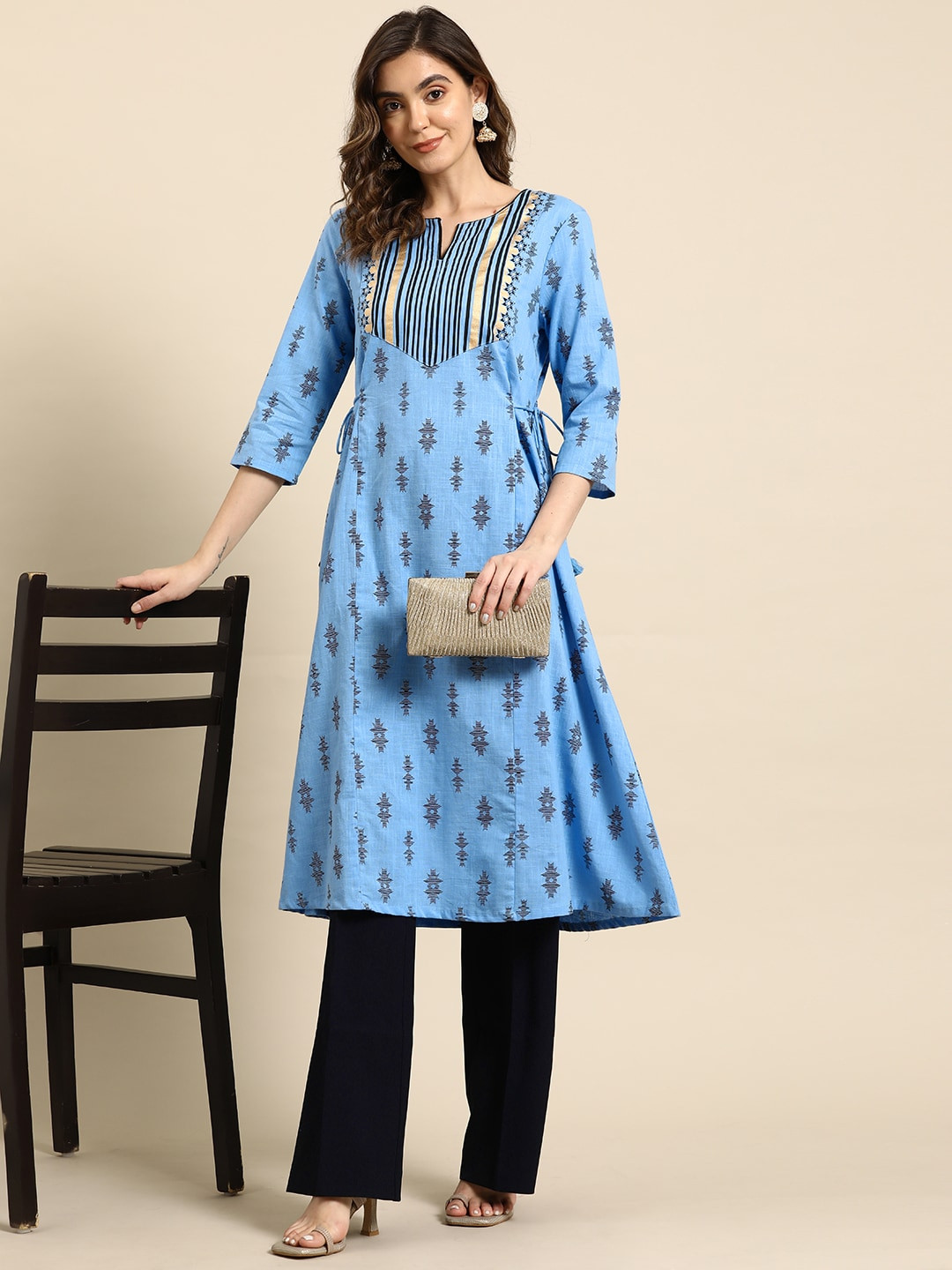 

all about you Pure Cotton Tie-Up Detailed Printed A-line Kurta, Blue