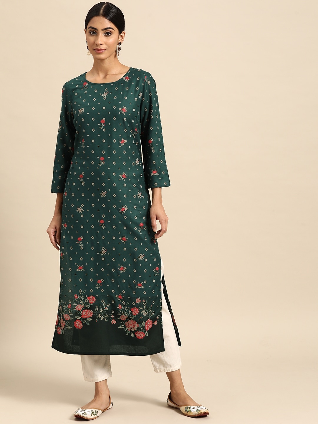 

all about you Women Floral & Geometric Printed Straight Kurta, Green