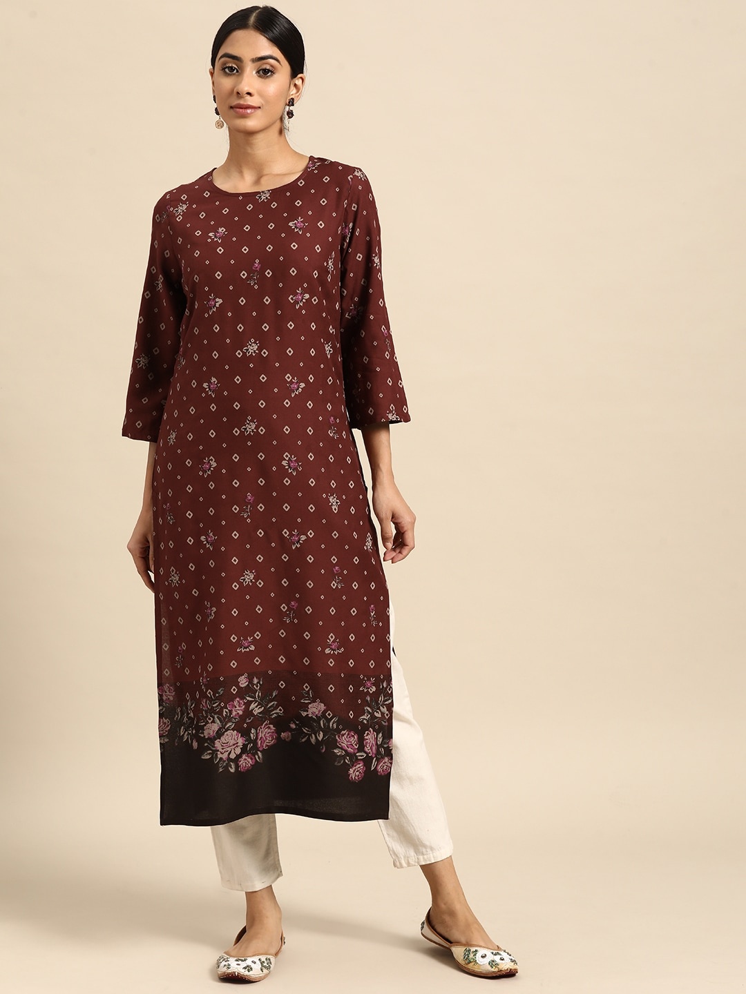 

all about you Women Floral & Geometric Printed Straight Kurta, Maroon