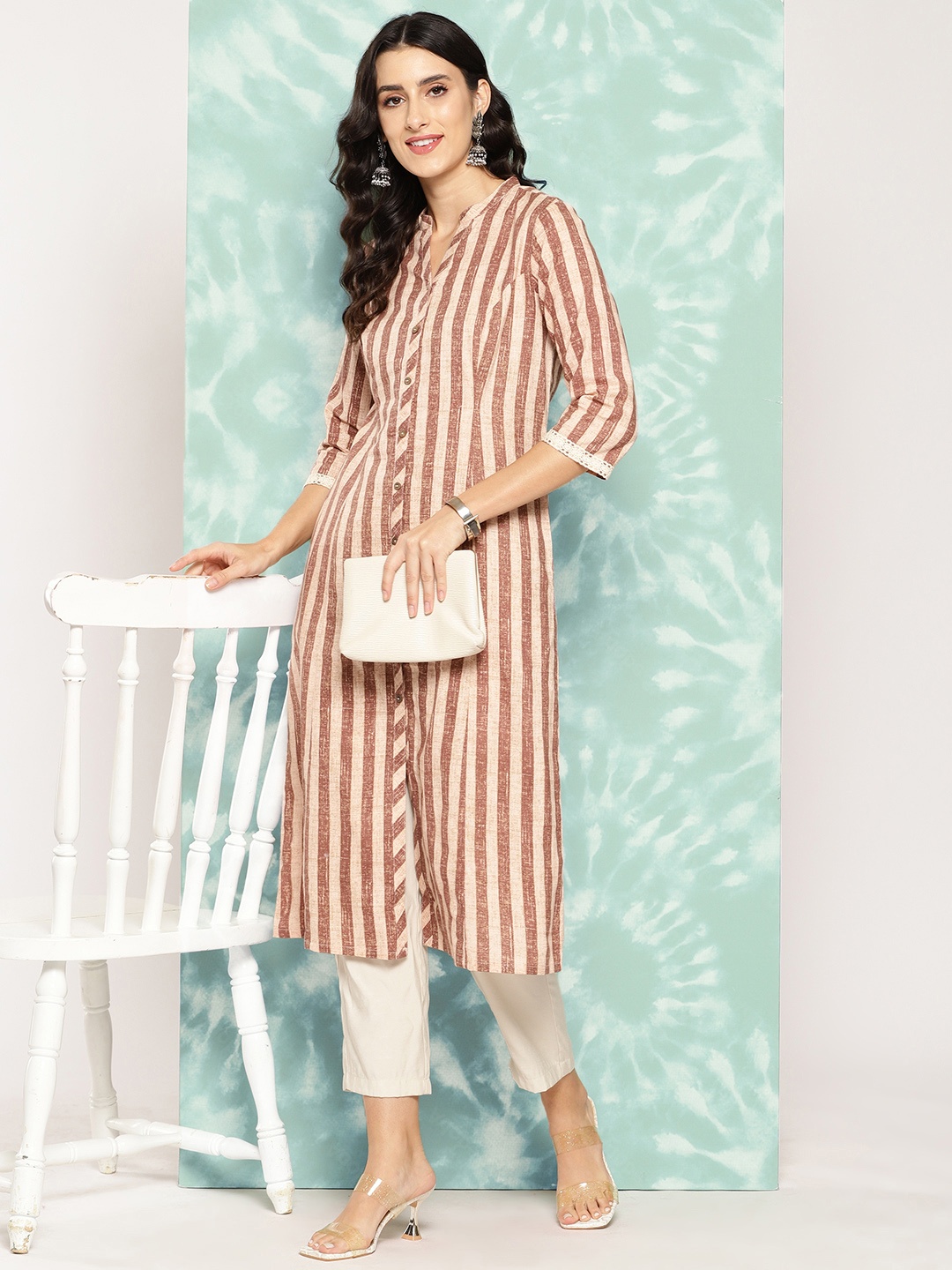 

all about you Women Pure Cotton Striped Straight Kurta, Beige